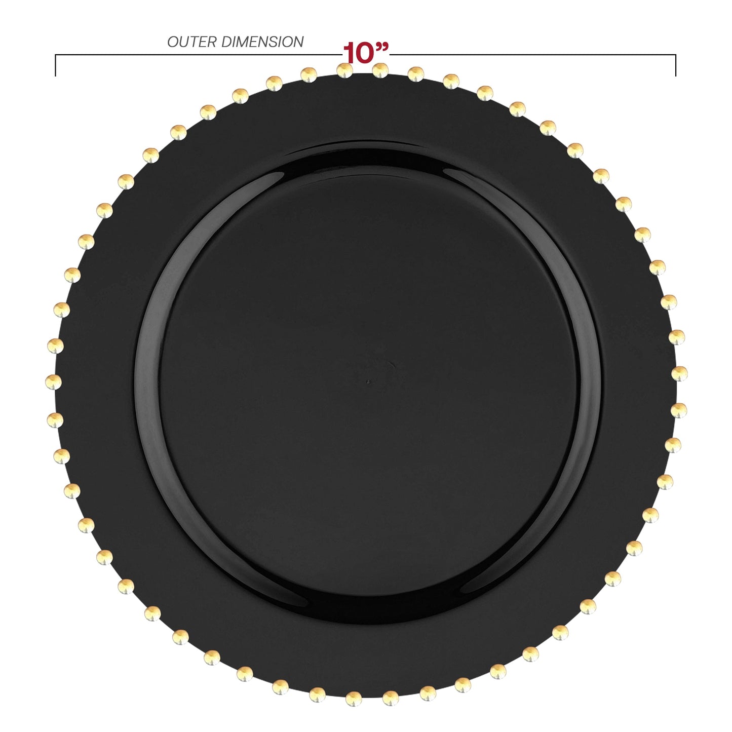 10-inch black disposable plastic dinner plates with a decorative gold pearl string trim