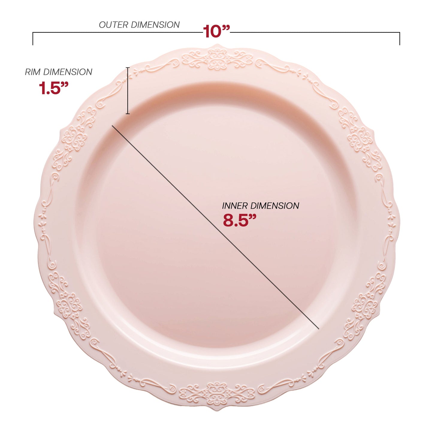 10-inch pink disposable dinner plates with vintage-inspired round design, sturdy plastic construction, and a 120-plate pack.