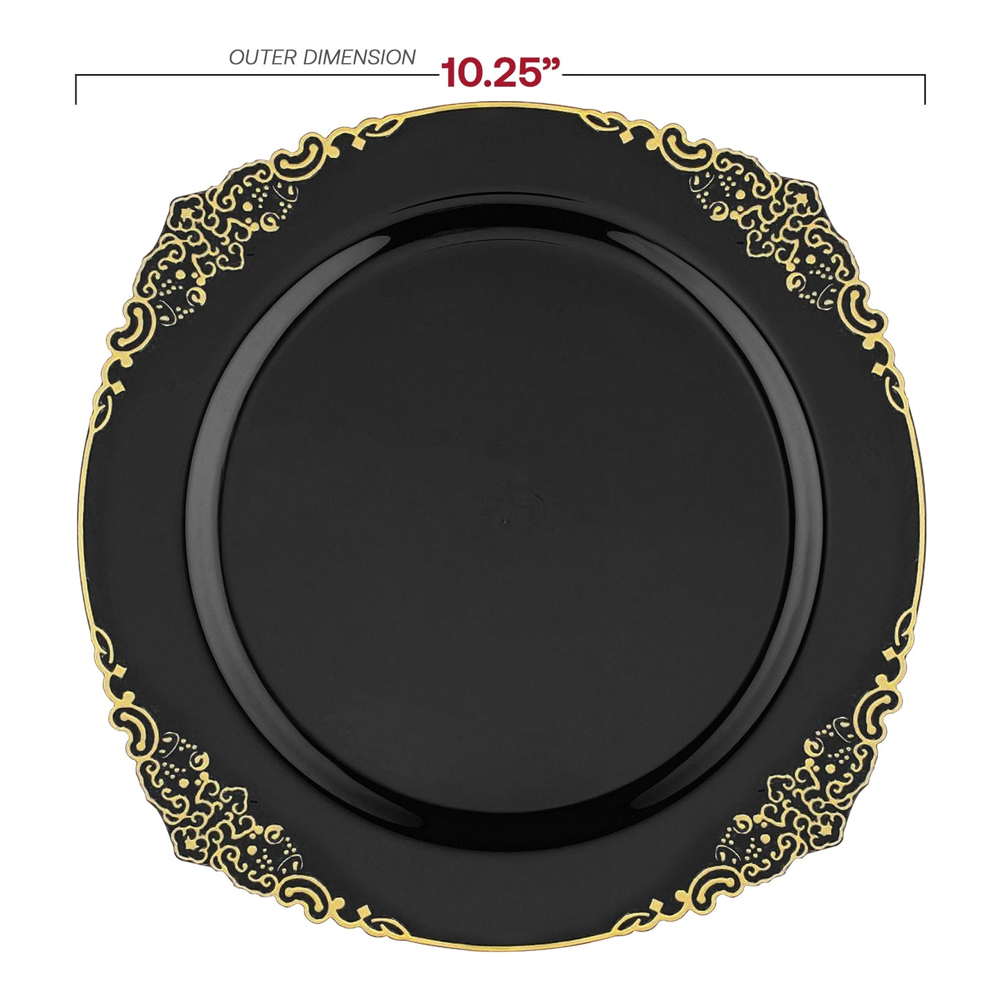 10.25-inch black plastic dinner plates with intricate gold accents