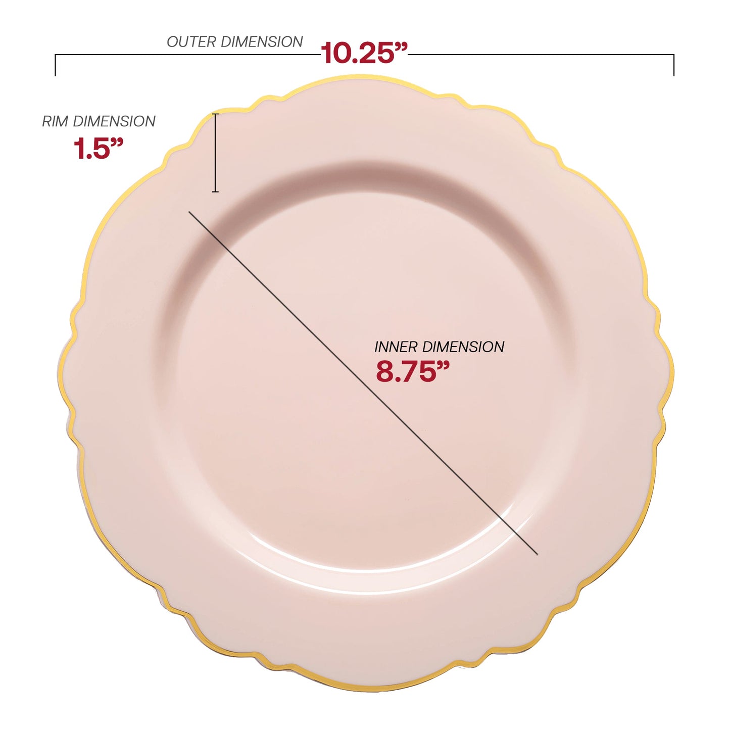 10.25-inch pink plastic dinner plates with a gold rim and floral blossom details