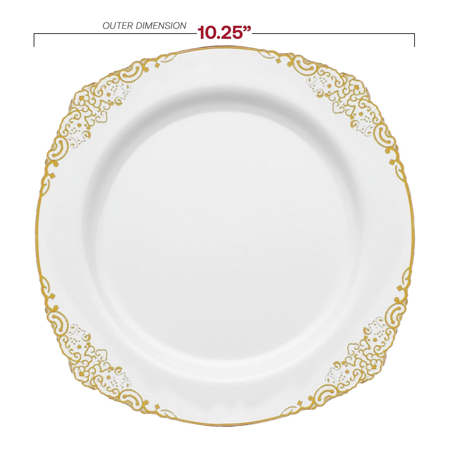 10.25-inch white plastic dinner plates with intricate gold accents, perfect for weddings or upscale events