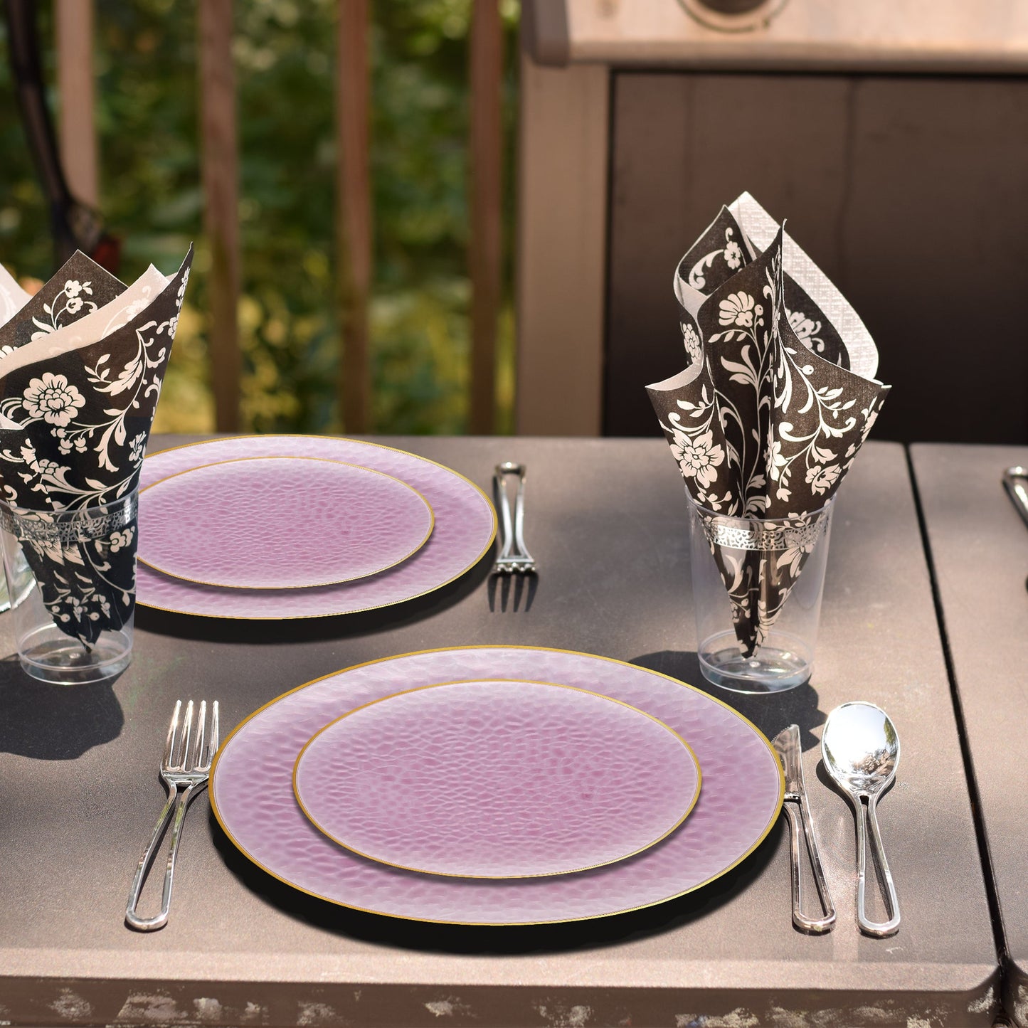 10.25" hammered pink plates highlighted entrees at an elegant romantic event.