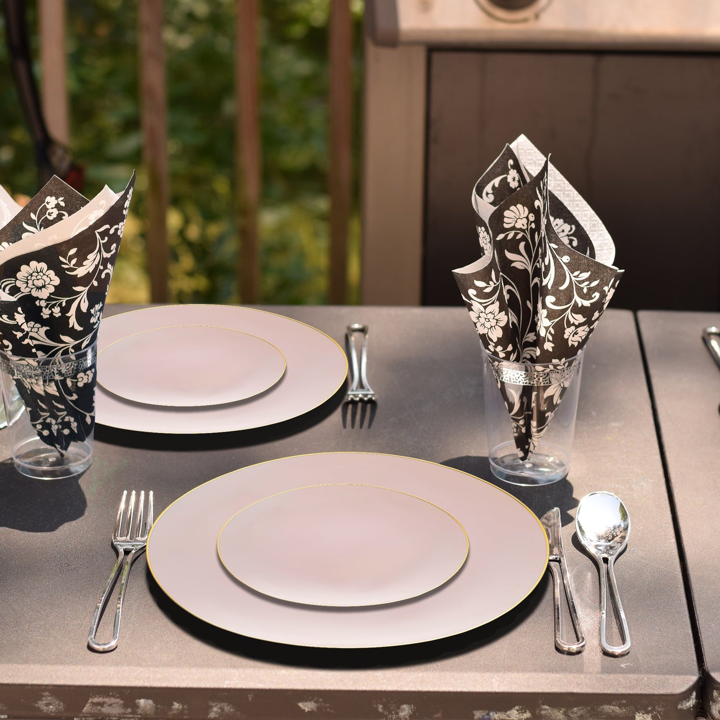 10.25" pink plates with gold detail were used for main courses during a spring reception.