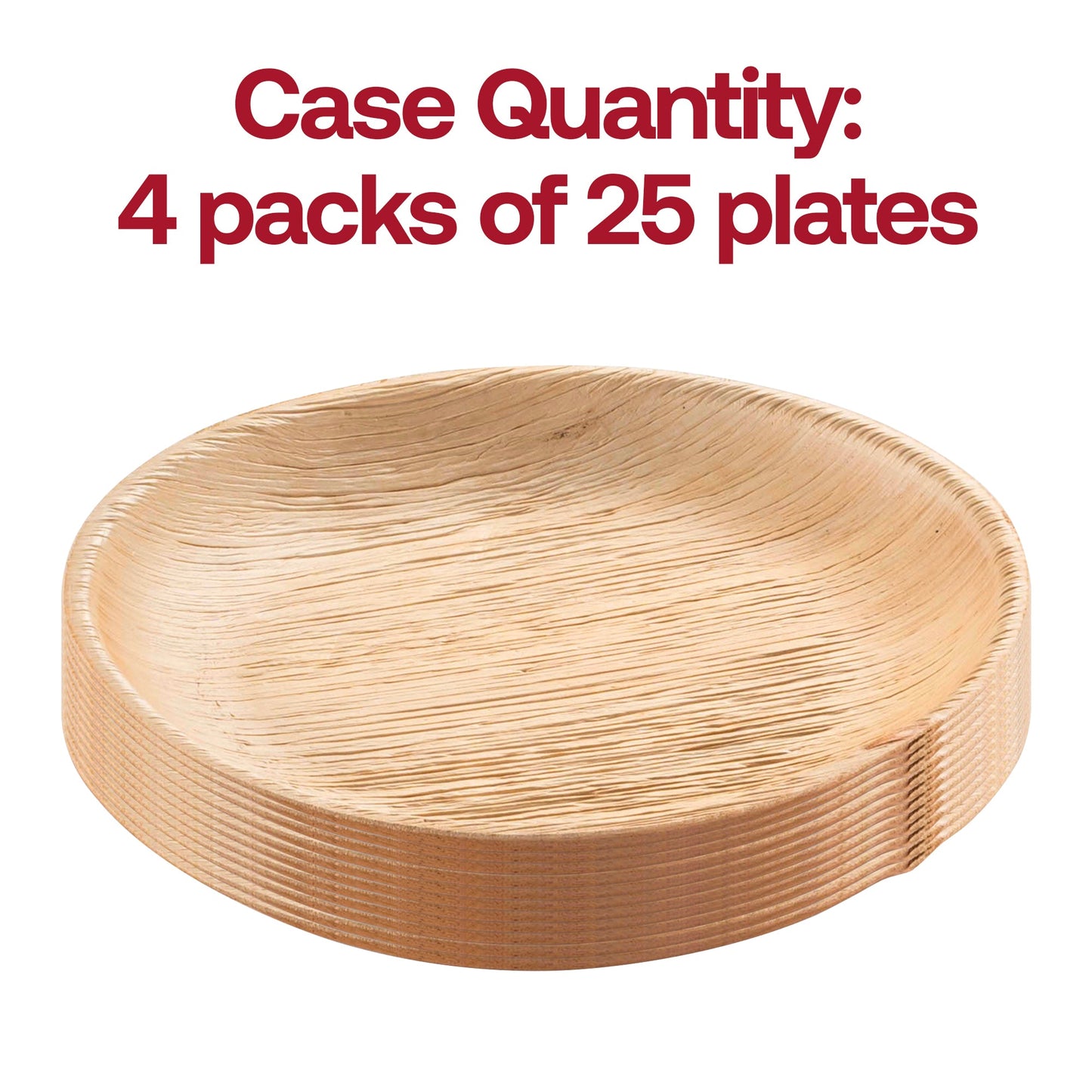 100-pack of round disposable plates, 8 inches wide, made from natural palm leaf for environmentally friendly dining