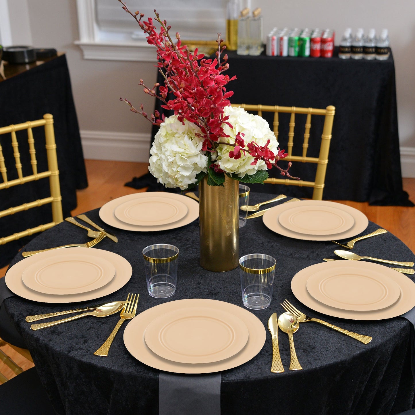 10" matte yellow dinner plates featured in a cheerful setup with bold napkins and sunny outdoor décor