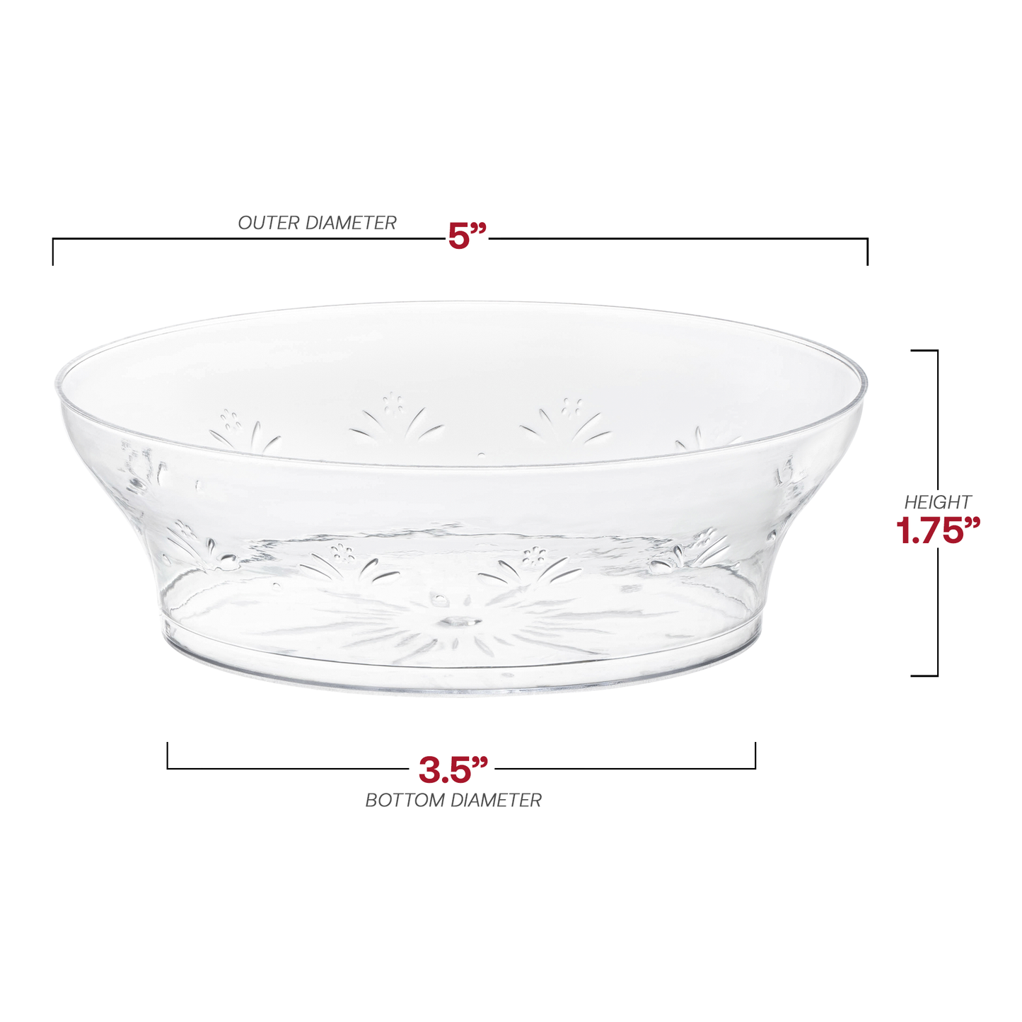 10 oz clear plastic soup bowls with a subtle floral design, round and disposable