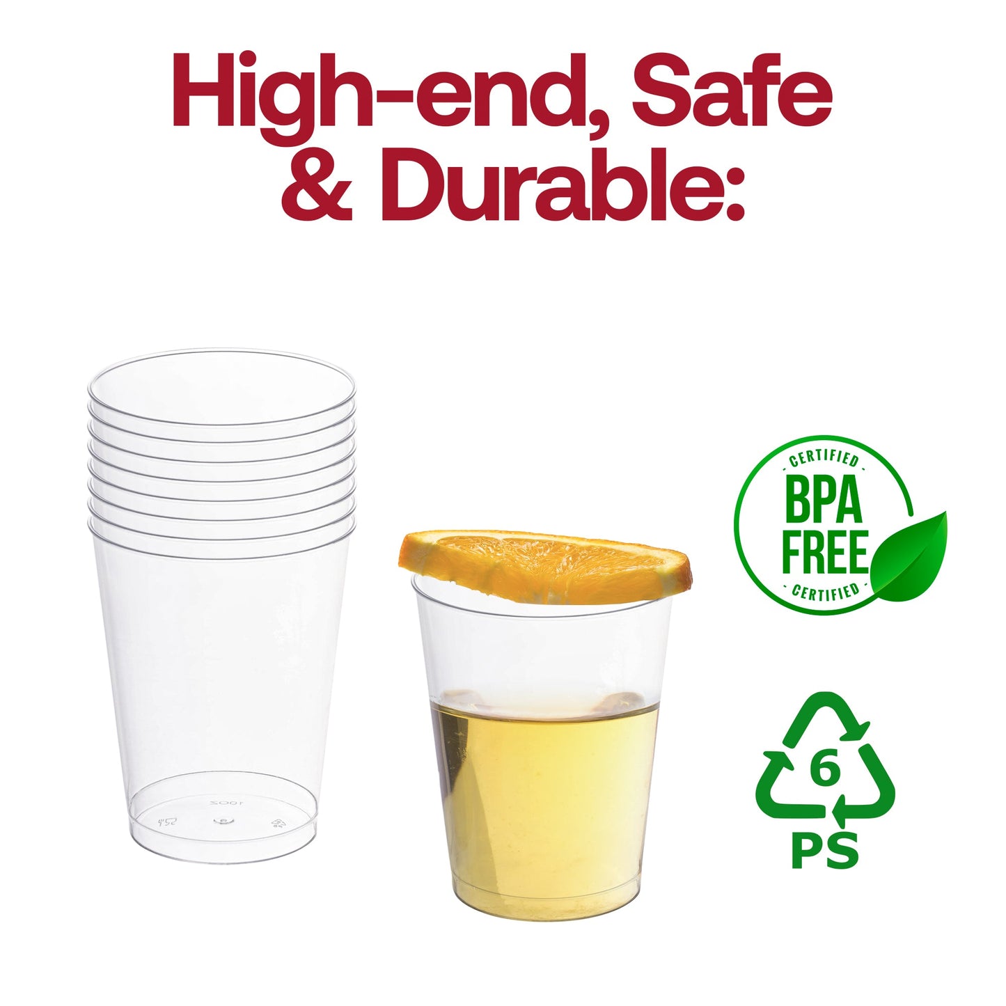 10 oz clear round plastic cups, measuring 3 inches wide by 3.75 inches tall with a 2.25-inch base, pack of 500.