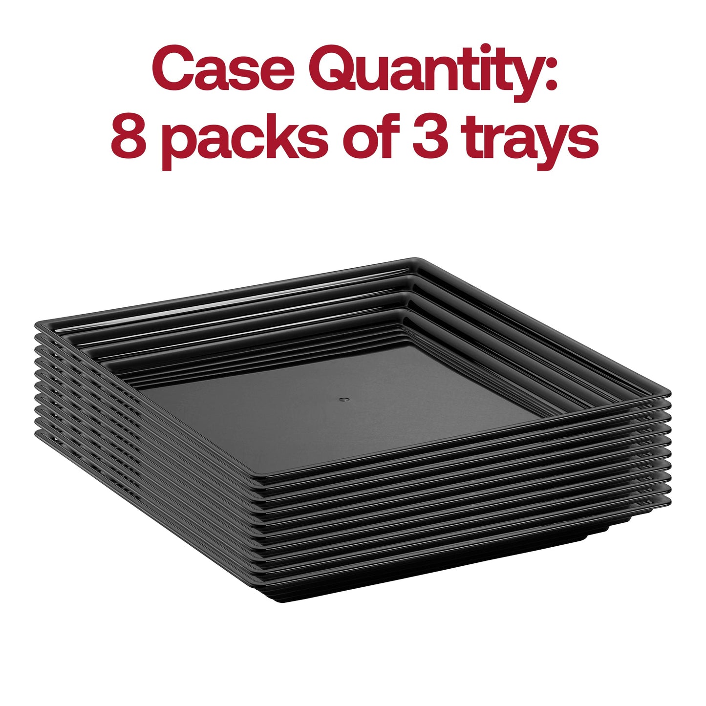 12-inch by 12-inch black square serving tray with textured groove rim, designed for elegant food presentation