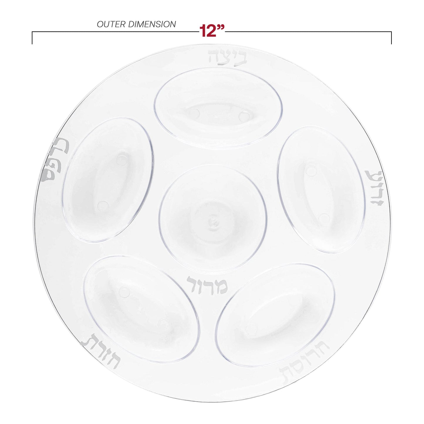 12-inch clear round Seder plates with elegant silver section accents, disposable plastic construction