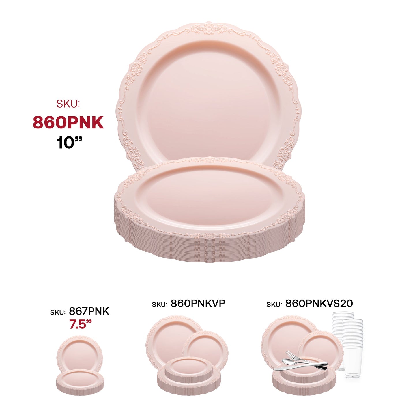 120-count pack of 10-inch pink plastic dinner plates, vintage-style design, perfect for weddings, parties, and celebrations