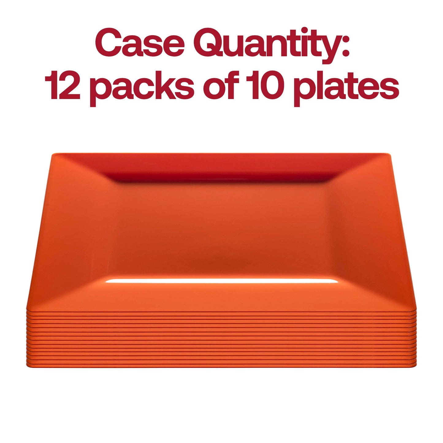 120-pack of burnt orange square plastic dinner plates, 9.5-inch size, ideal for parties, weddings, or banquets