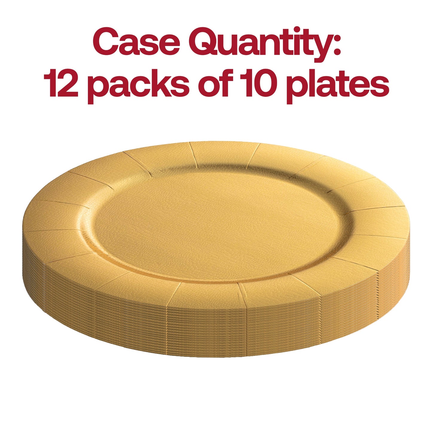 120-pack of gold disposable paper charger plates, lightweight and durable with a 13-inch diameter