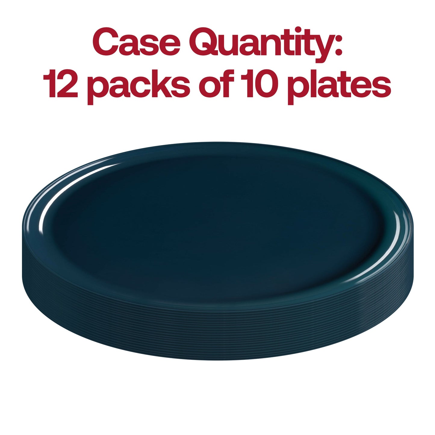 120-pack of navy flat round dinner plates, 10-inch size, disposable plastic construction for convenient dining