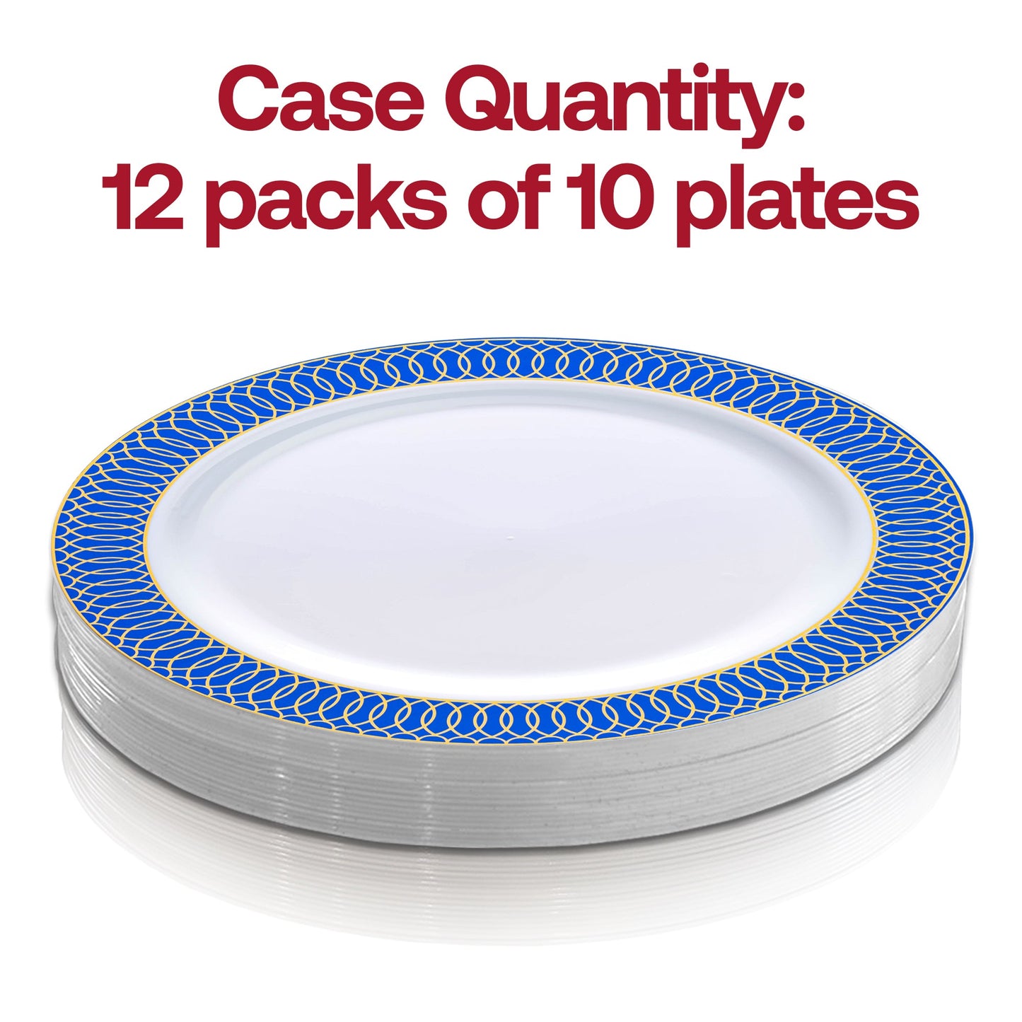 120-pack of white plastic salad and appetizer plates featuring a decorative gold spiral on a blue rim