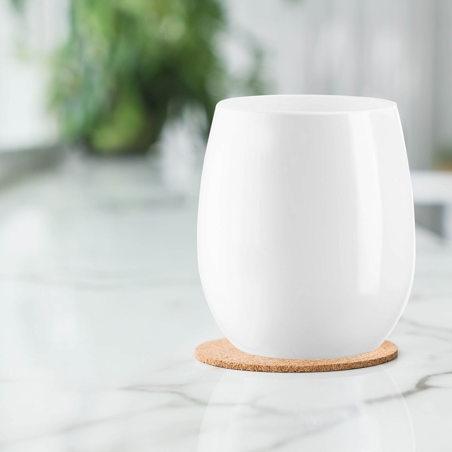 12 oz. White Stemless Plastic Wine Glasses displayed elegantly for modern drink presentation