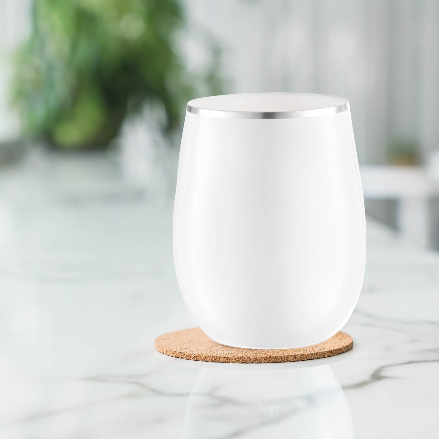 12 oz. White with Silver Elegant Stemless Plastic Wine Glass with metallic accent, ideal for classy drink presentations
