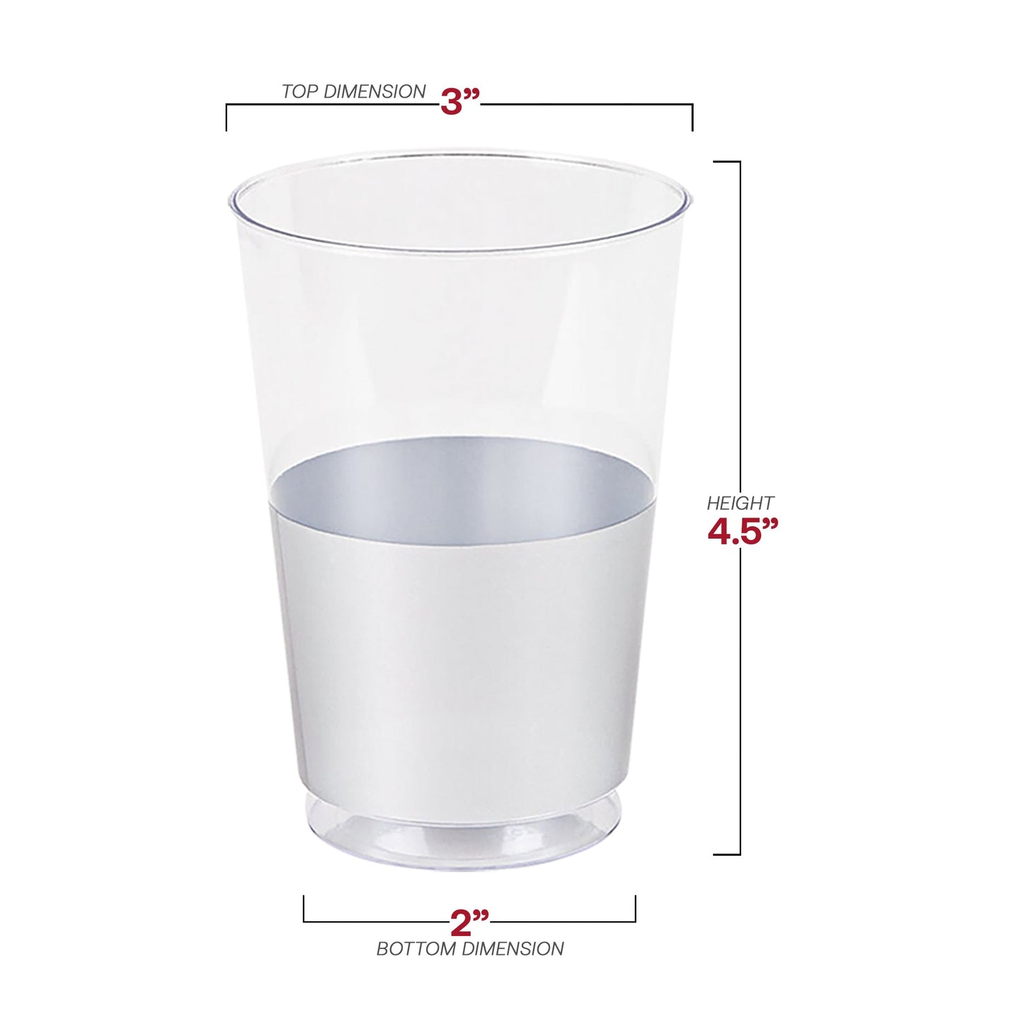 12 oz clear plastic tumblers with a metallic silver thick base, measuring 3” x 4.5” x 2”; pack of 240