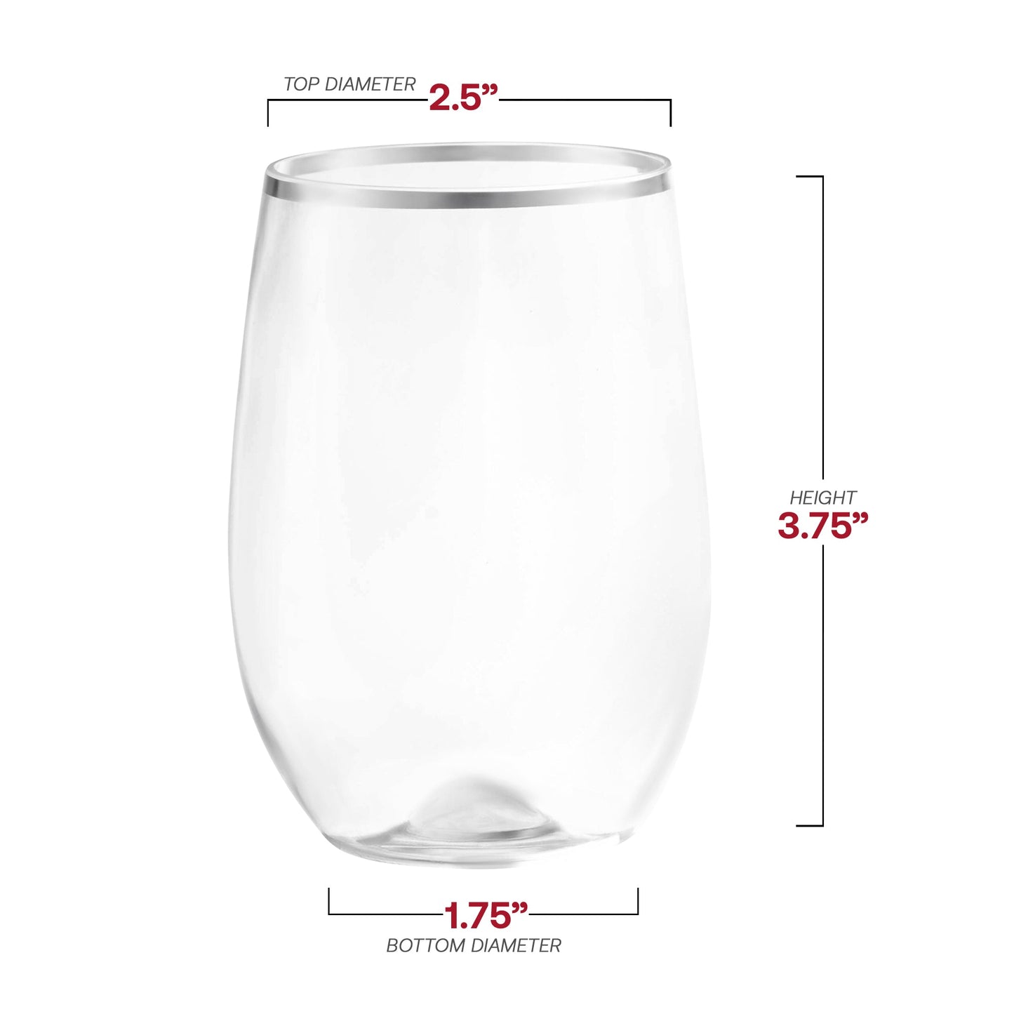 12 oz clear stemless plastic wine glasses, measuring 2.5” x 3.75” x 1.75'', with an elegant silver design