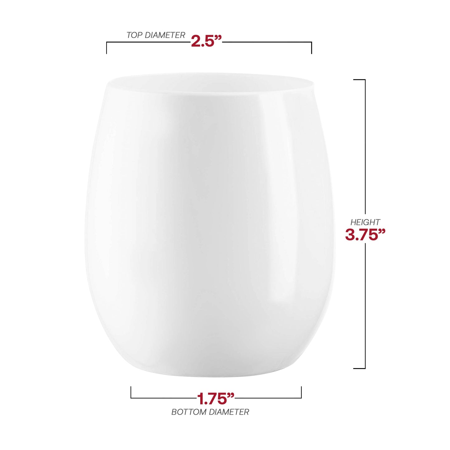 12 oz solid white stemless plastic wine glasses, measuring 2.5 inches wide by 3.75 inches tall with a 1.75-inch base, pack of 64