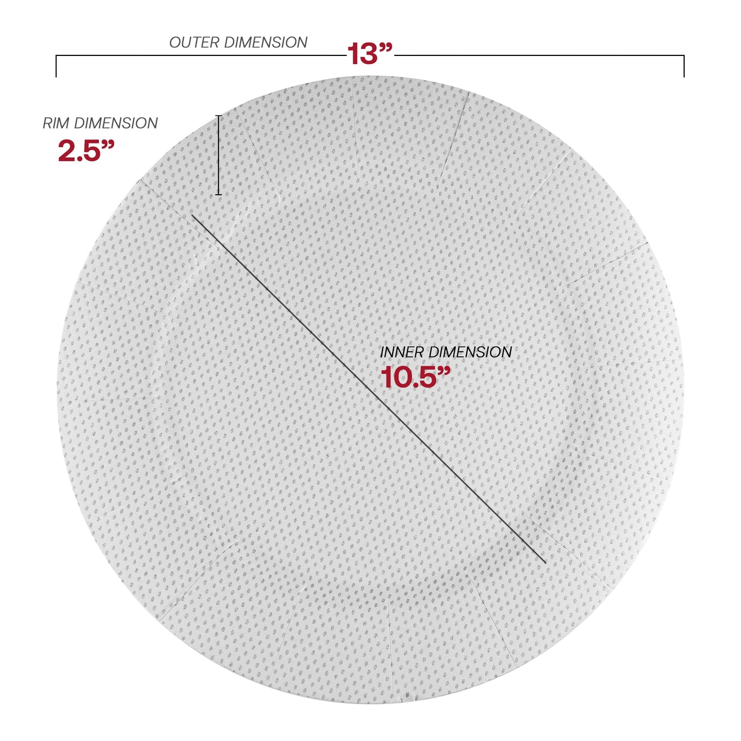 13-inch disposable white charger plates with a sophisticated glitz finish, round shape