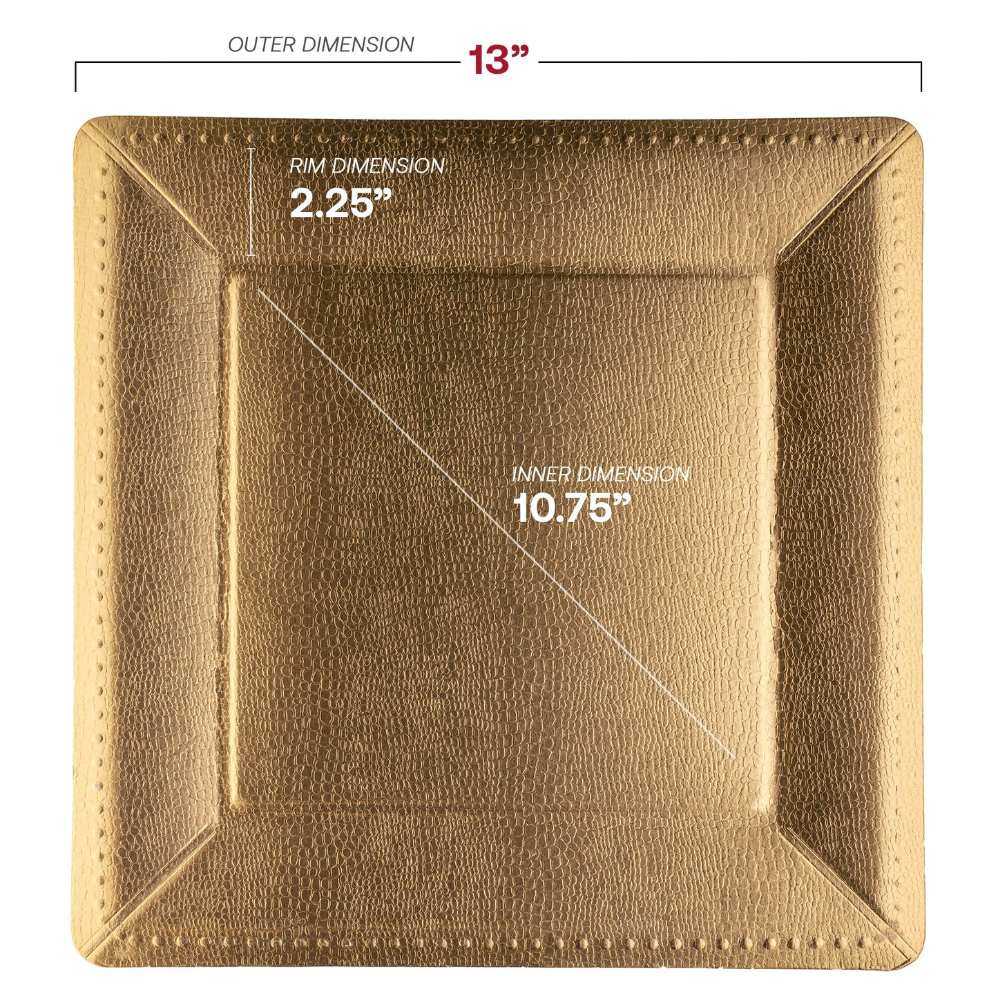 13-inch gold paper charger plates with square edges and decorative beaded accents