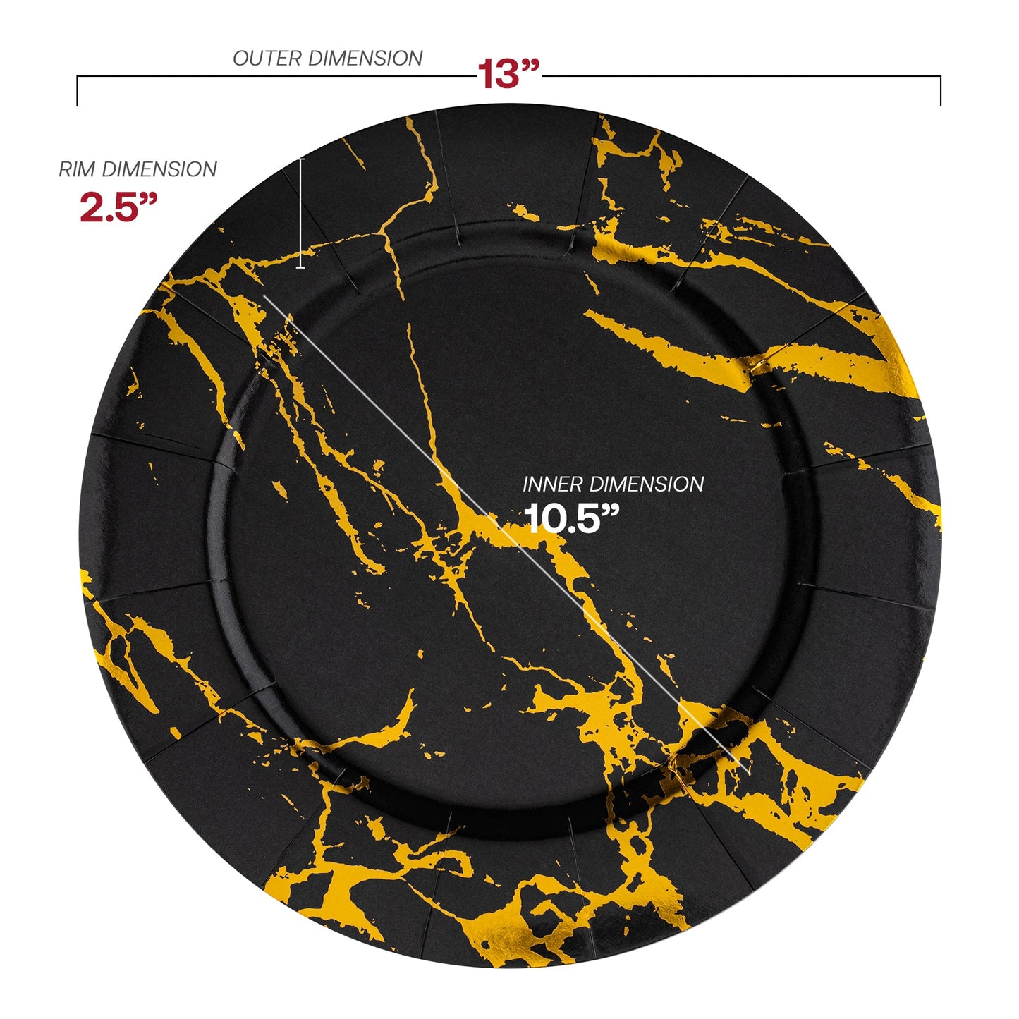 13-inch round disposable charger plates featuring a black base with gold marble accents