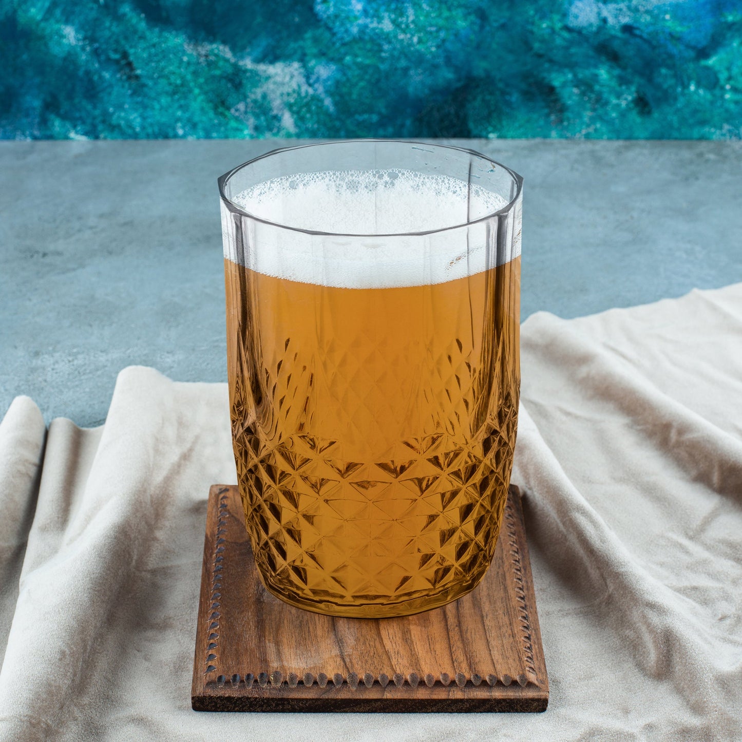 16 oz. Clear Stripe Tumblers showcased during a party with beverages, ideal for cold drink enjoyment