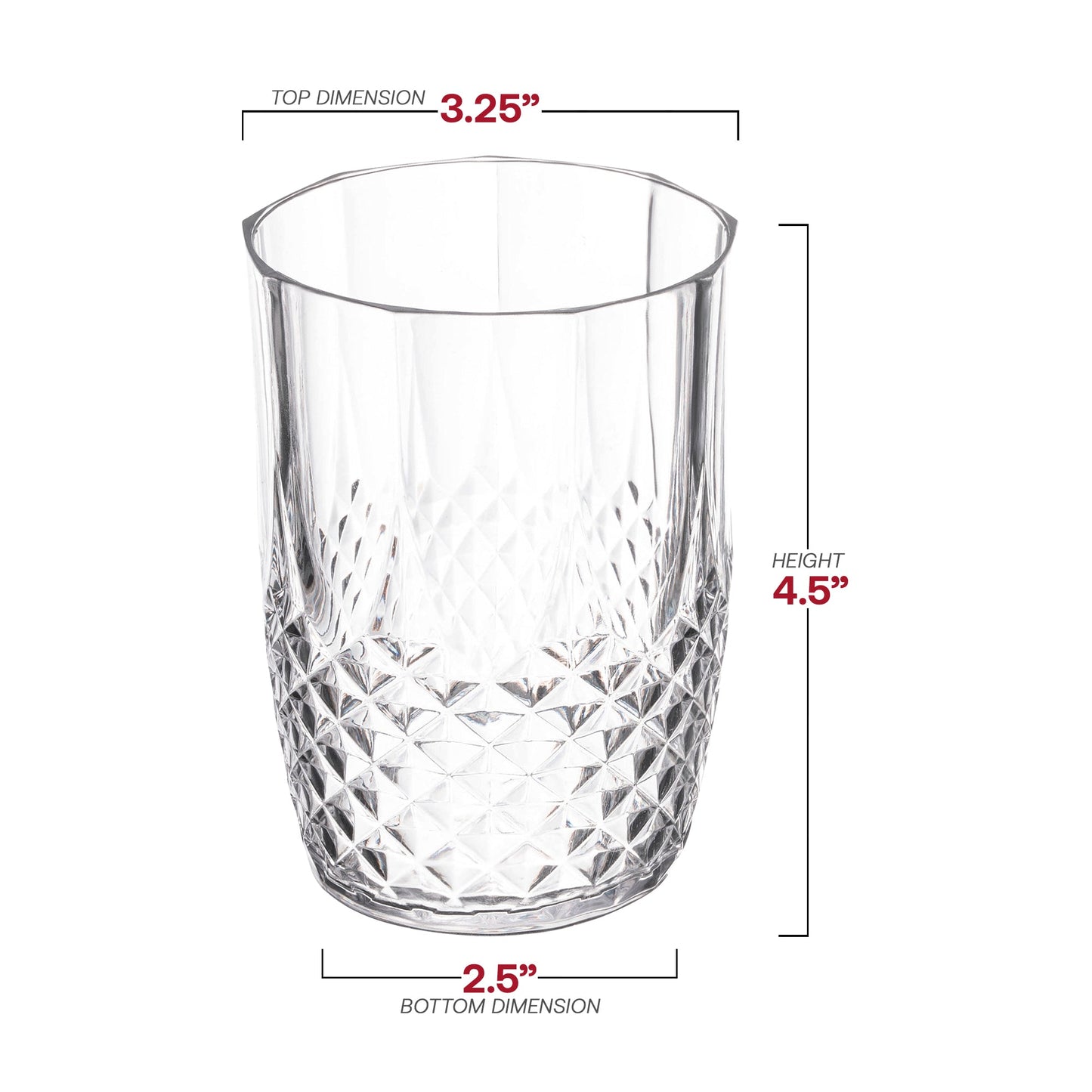 16 oz clear stripe round disposable plastic tumblers, measuring 3.25 inches wide, 4.5 inches tall, and 2.5 inches at the base