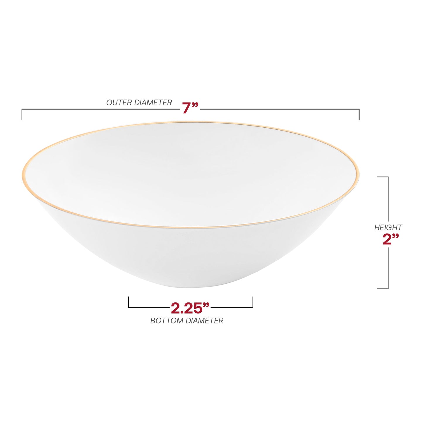 16 oz white disposable plastic soup bowls with a decorative gold rim and round design