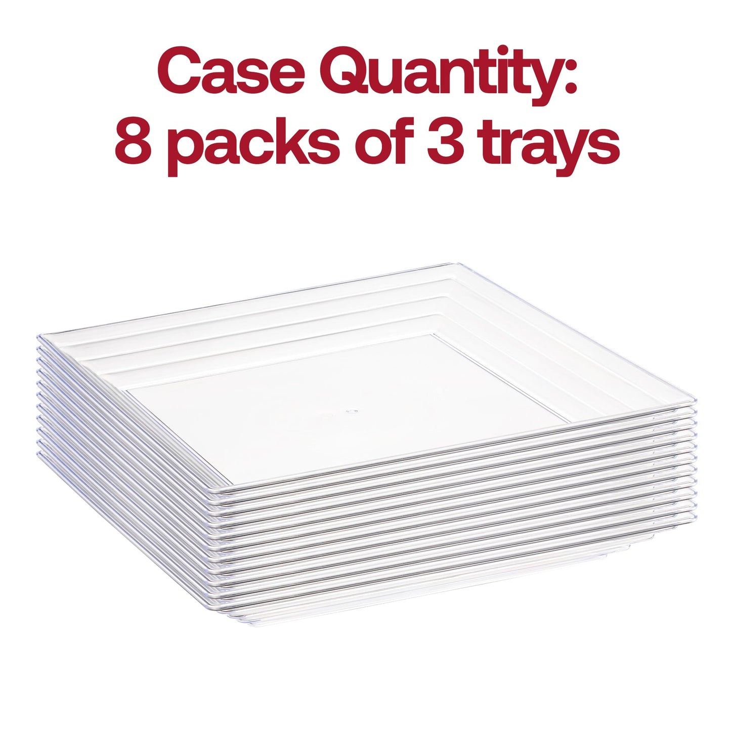 16x16 inch clear square serving tray with groove rim, designed for presenting large food portions