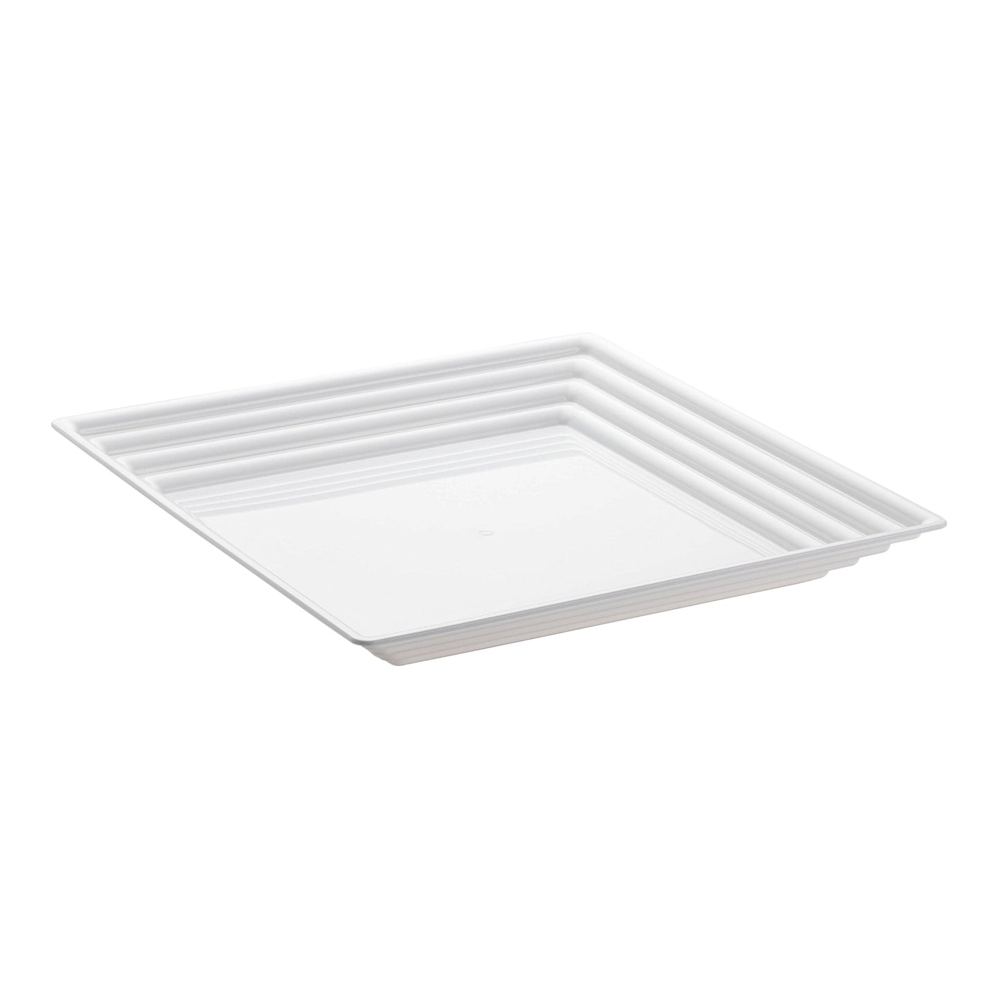 16x16 inch white square plastic serving tray with groove rim, ideal for stylish and functional food presentation at events