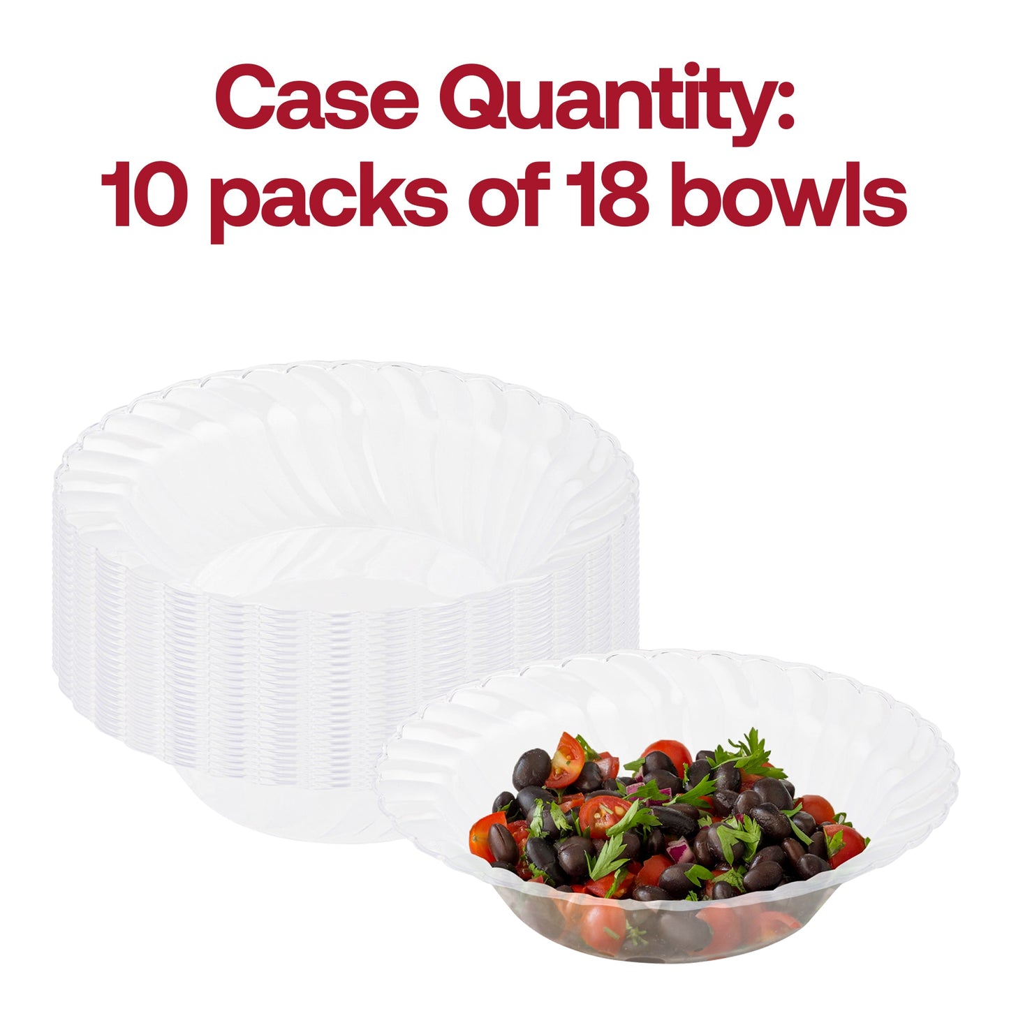 180-pack of clear 12 oz. plastic soup bowls with a unique flared rim, ideal for serving soups, appetizers, or desserts