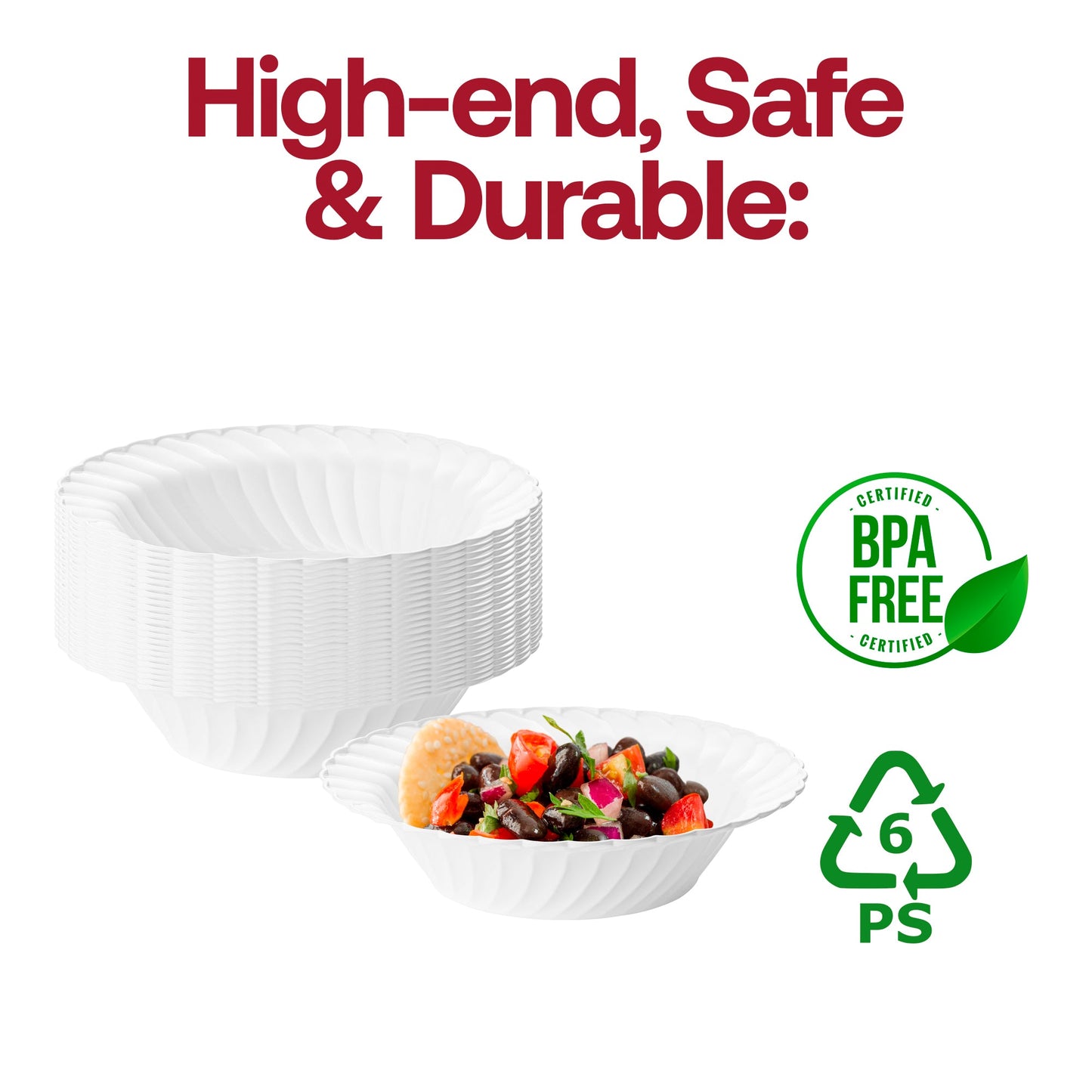 180-pack of white 12 oz. plastic bowls with a modern flared rim and 6.25-inch diameter, suitable for formal or casual dining, BPA-Free