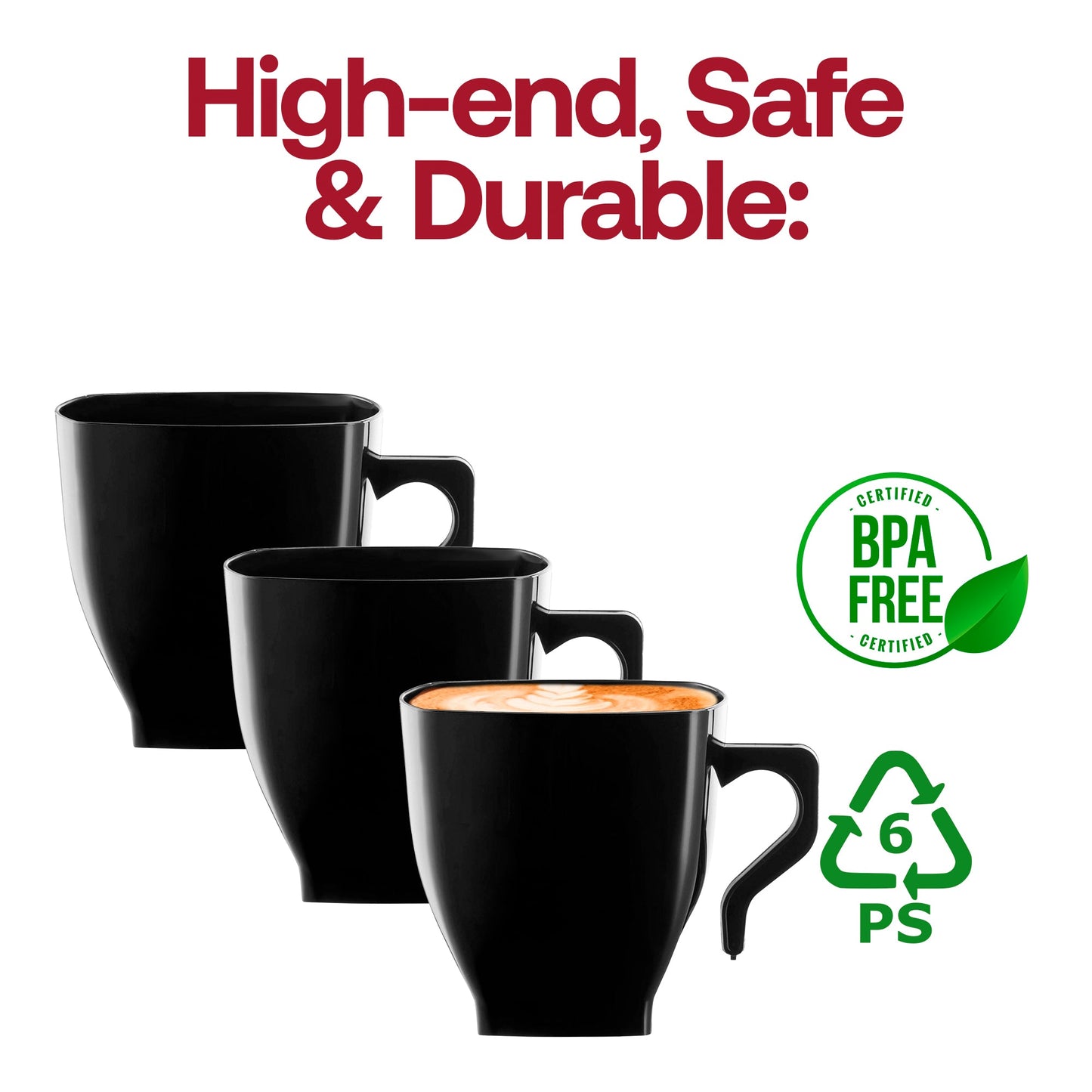 192-pack of black plastic coffee mugs featuring a contemporary square shape, perfect for events and everyday use