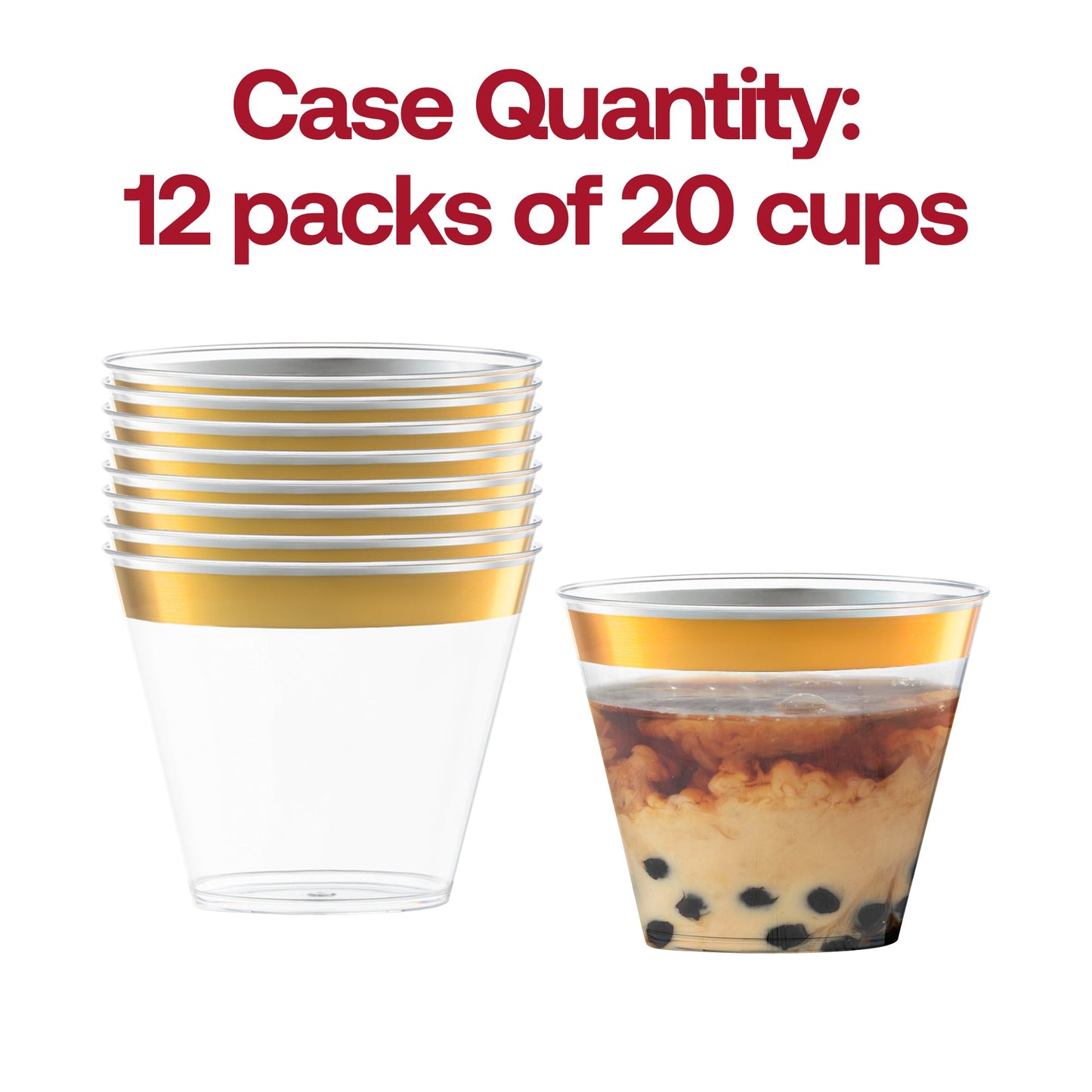 240-pack of clear round disposable plastic cups with a metallic gold rim, 9 oz capacity, ideal for weddings, parties, and celebrations