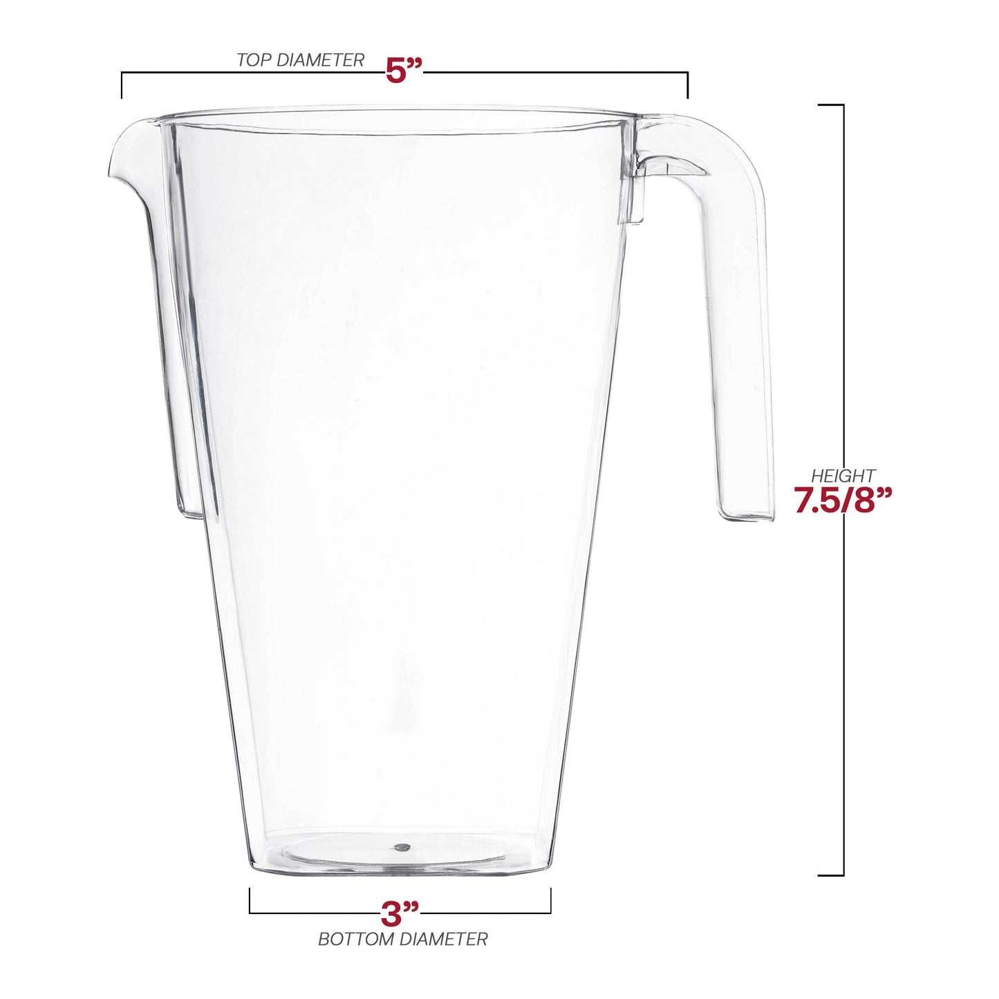 52 oz clear square plastic pitchers, measuring 5'' x 7.5/8'' x 3'', perfect for convenient beverage service