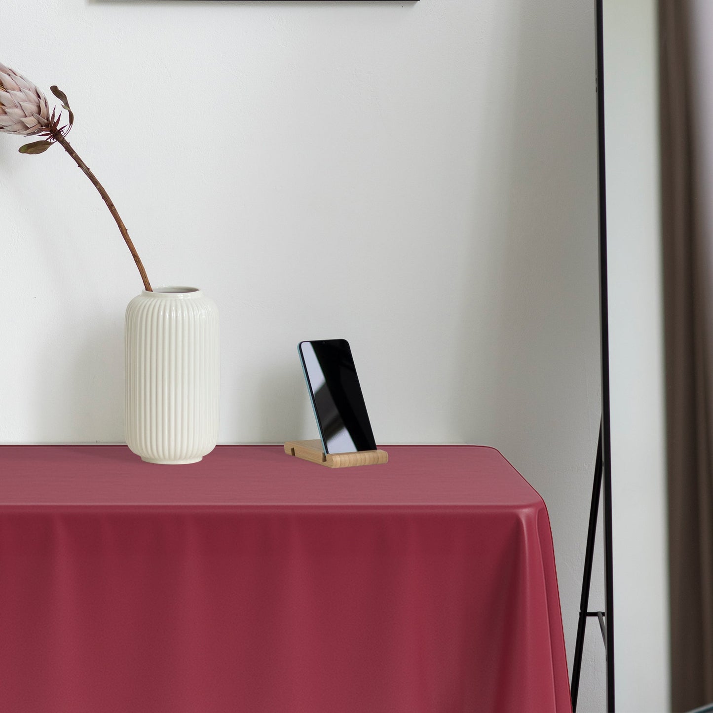 54" x 108" plastic cloths in burgundy suited wine-themed dinners.