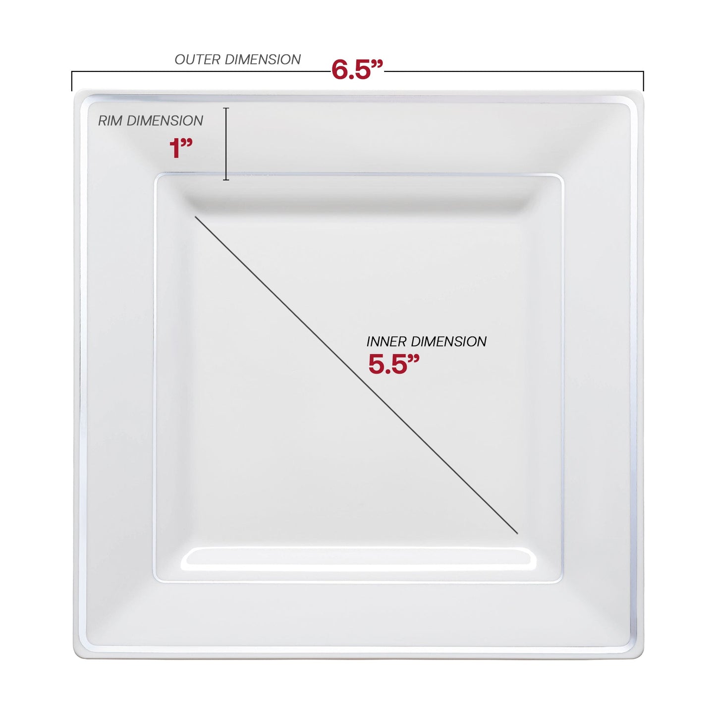 6.5-inch appetizer plate with a silver square edge rim, perfect for serving small bites, appetizers, or desserts