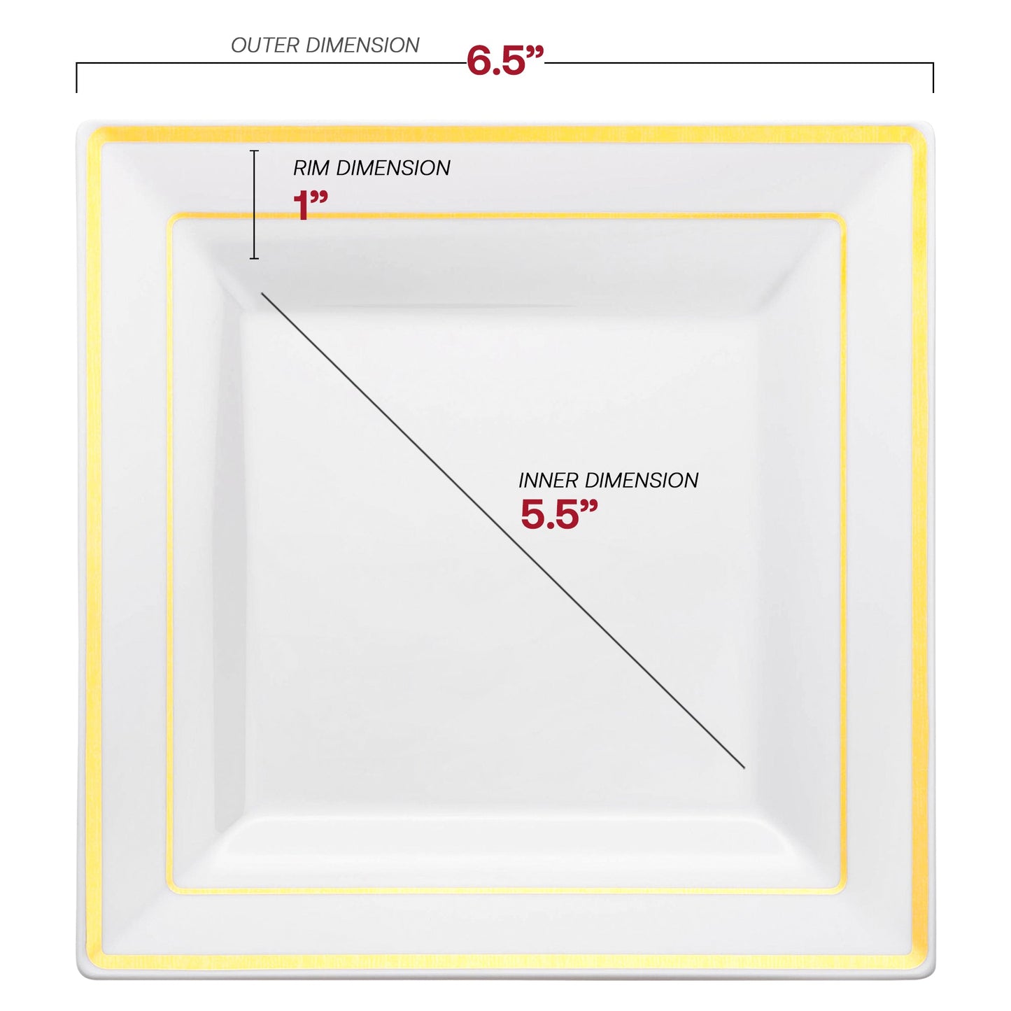6.5-inch white plastic plates featuring a gold square edge rim, disposable and stylish