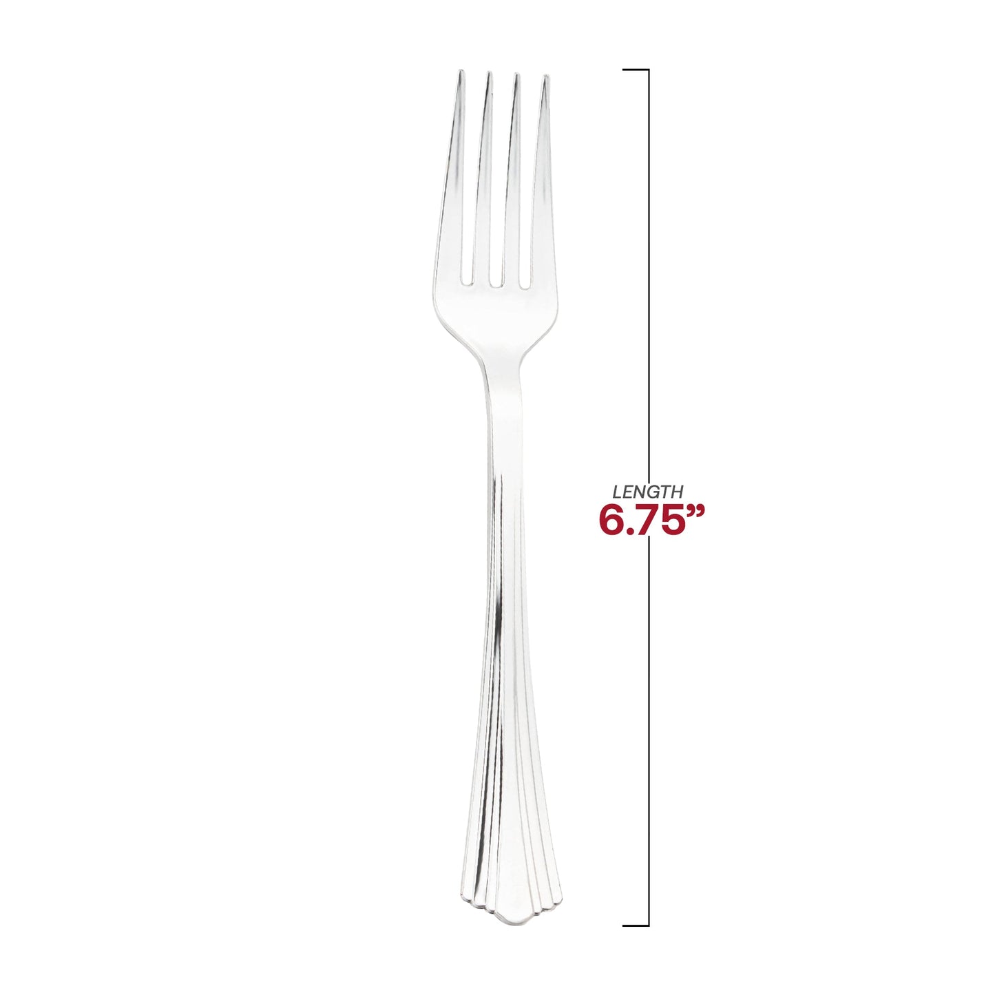 6.75-inch silver plastic forks featuring a sleek metallic finish and grooved handles, sold in a 600-pack