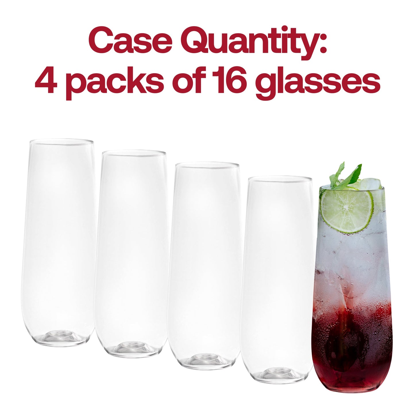 64-pack of clear stemless plastic champagne flutes, 9 oz capacity, ideal for toasting at weddings, parties, and special occasions