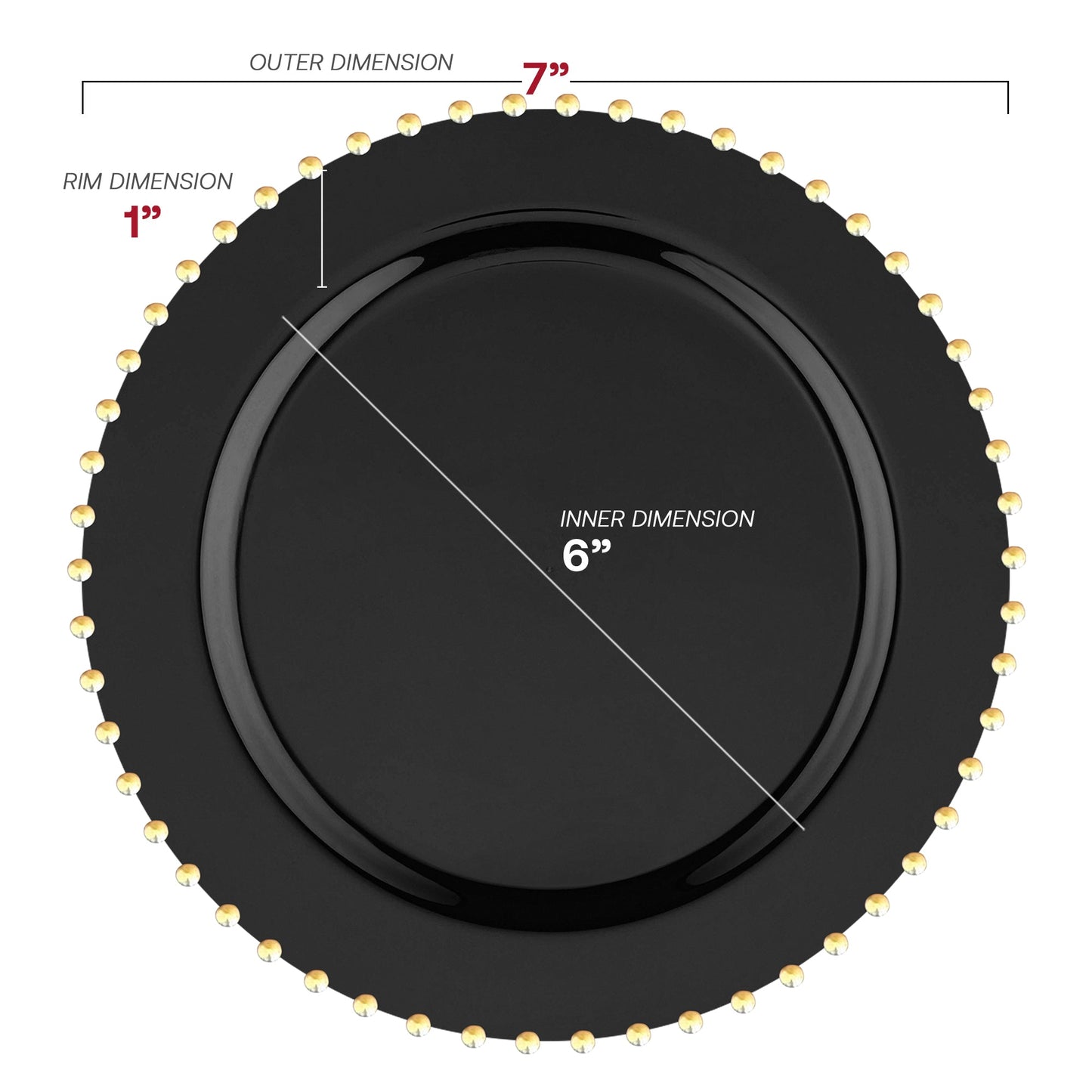 7-inch black disposable salad plates with a decorative gold pearl string edge
