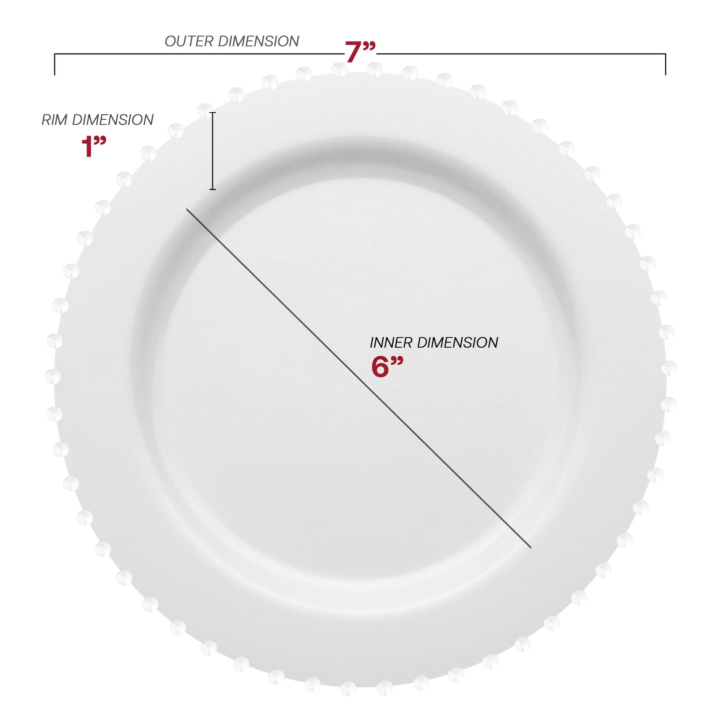 7-inch white disposable salad plates with a decorative pearl string edge