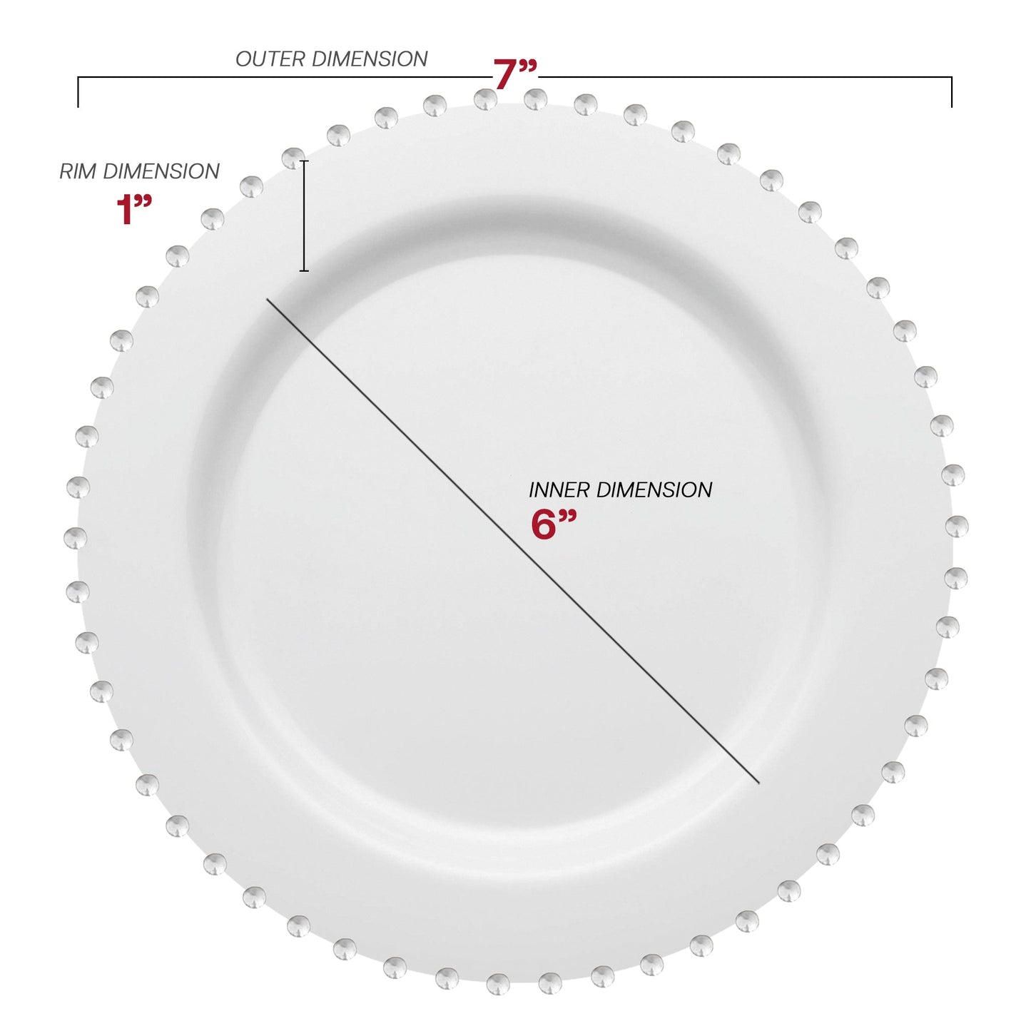 7-inch white disposable salad plates with a decorative silver pearl string edge