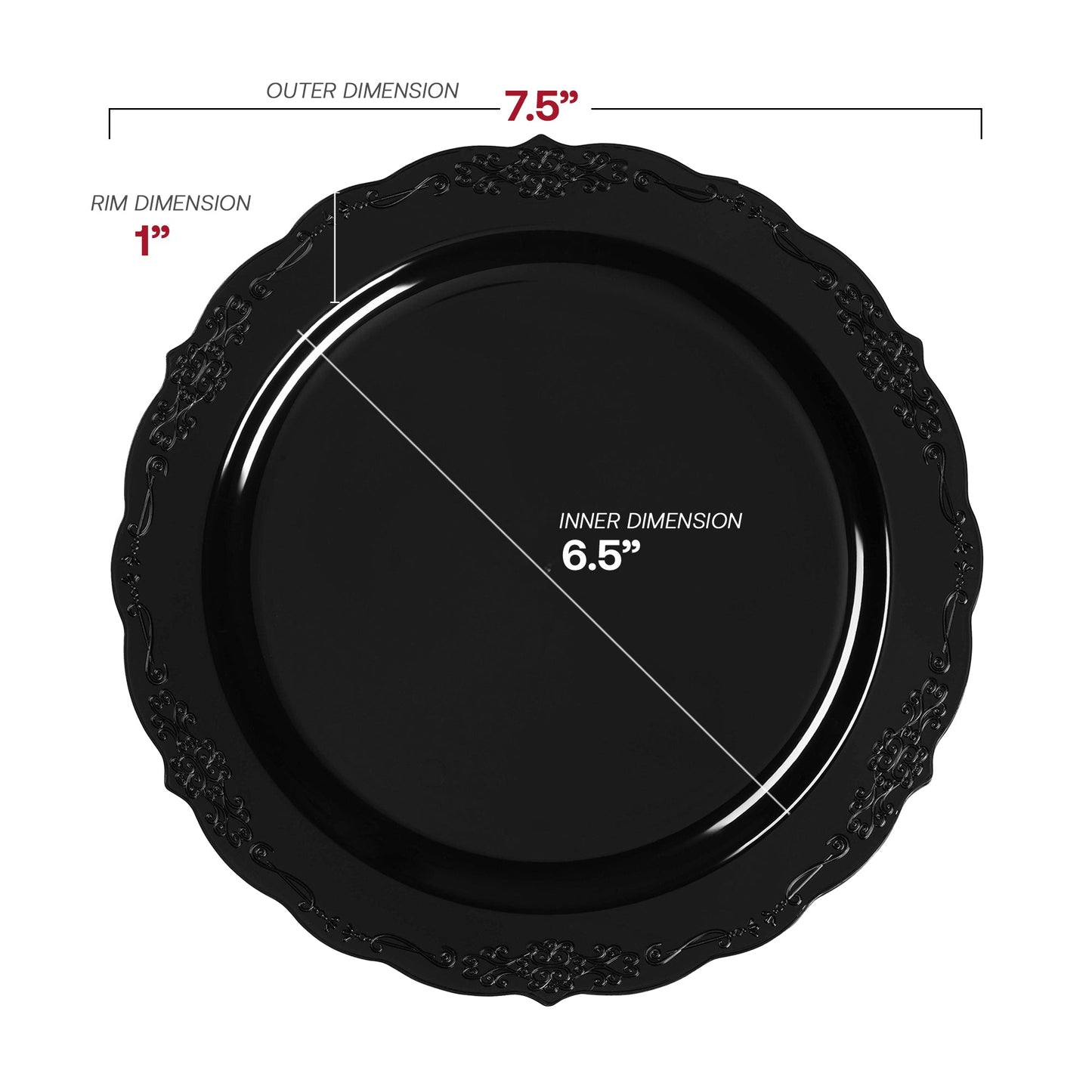 7.5-inch appetizer plate in black with a vintage rim, ideal for serving appetizers or desserts