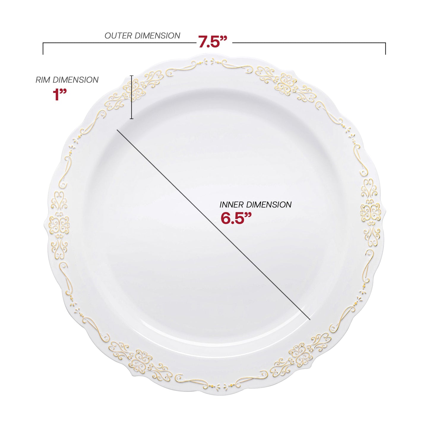 7.5-inch appetizer plate with a gold vintage rim, ideal for serving hors d'oeuvres or small appetizers