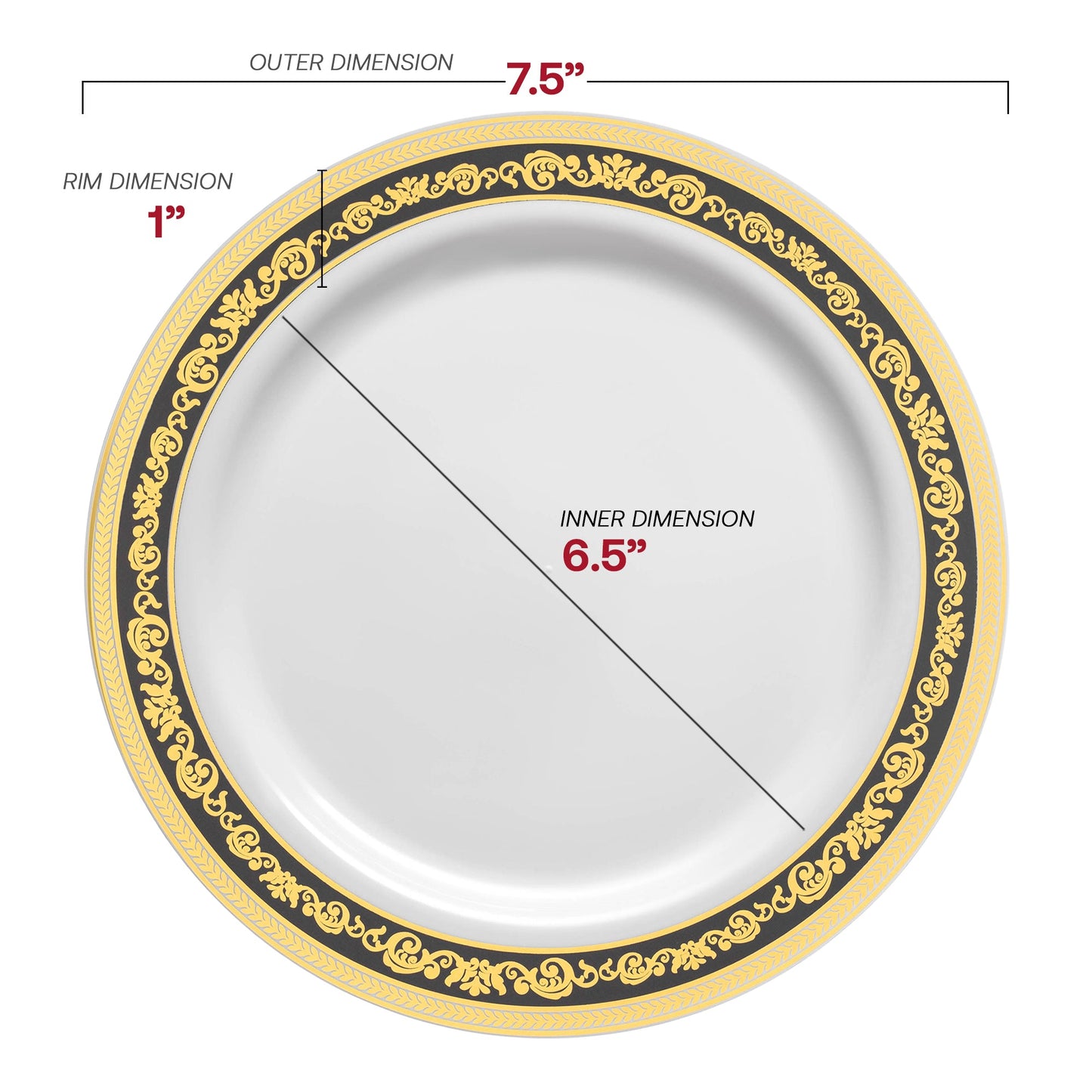 7.5-inch disposable white plastic plates with a luxurious black and gold royal rim