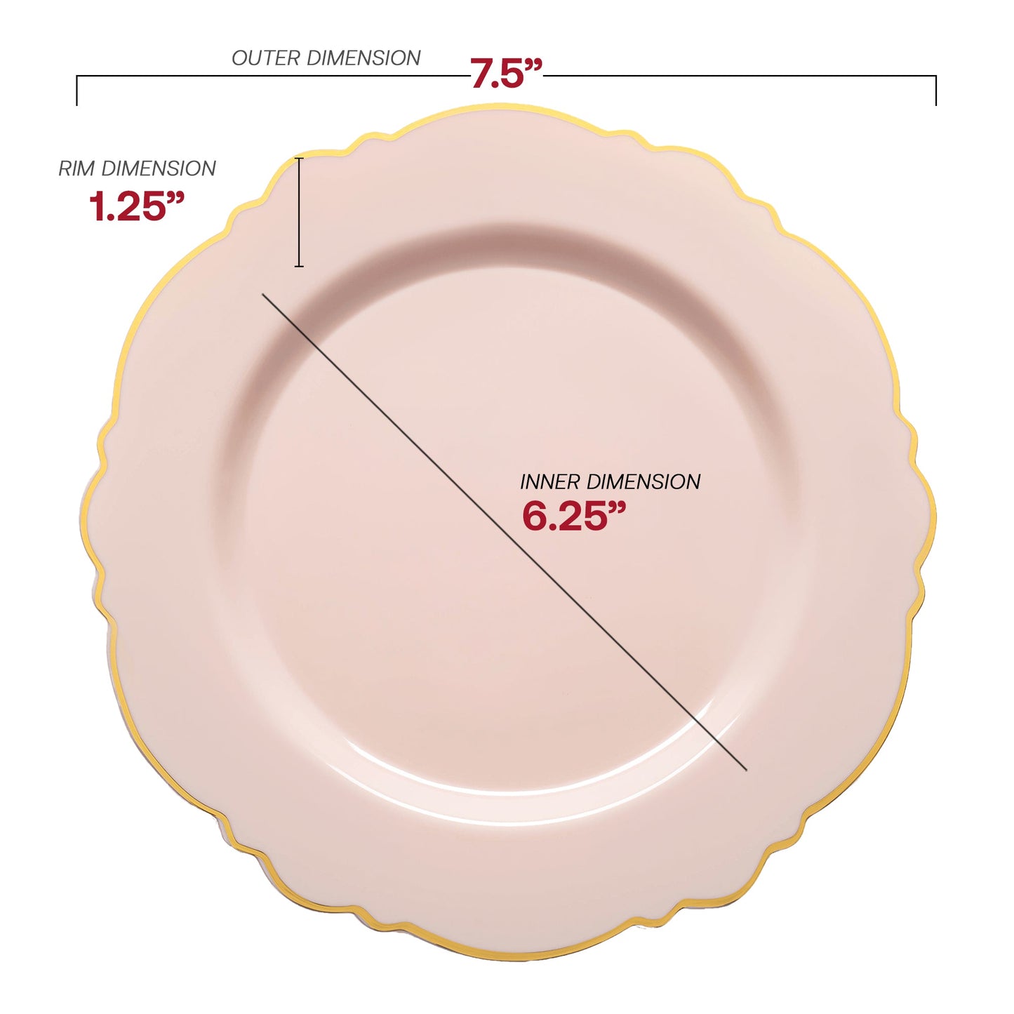 7.5-inch pink round appetizer plates featuring a decorative gold rim and blossom design