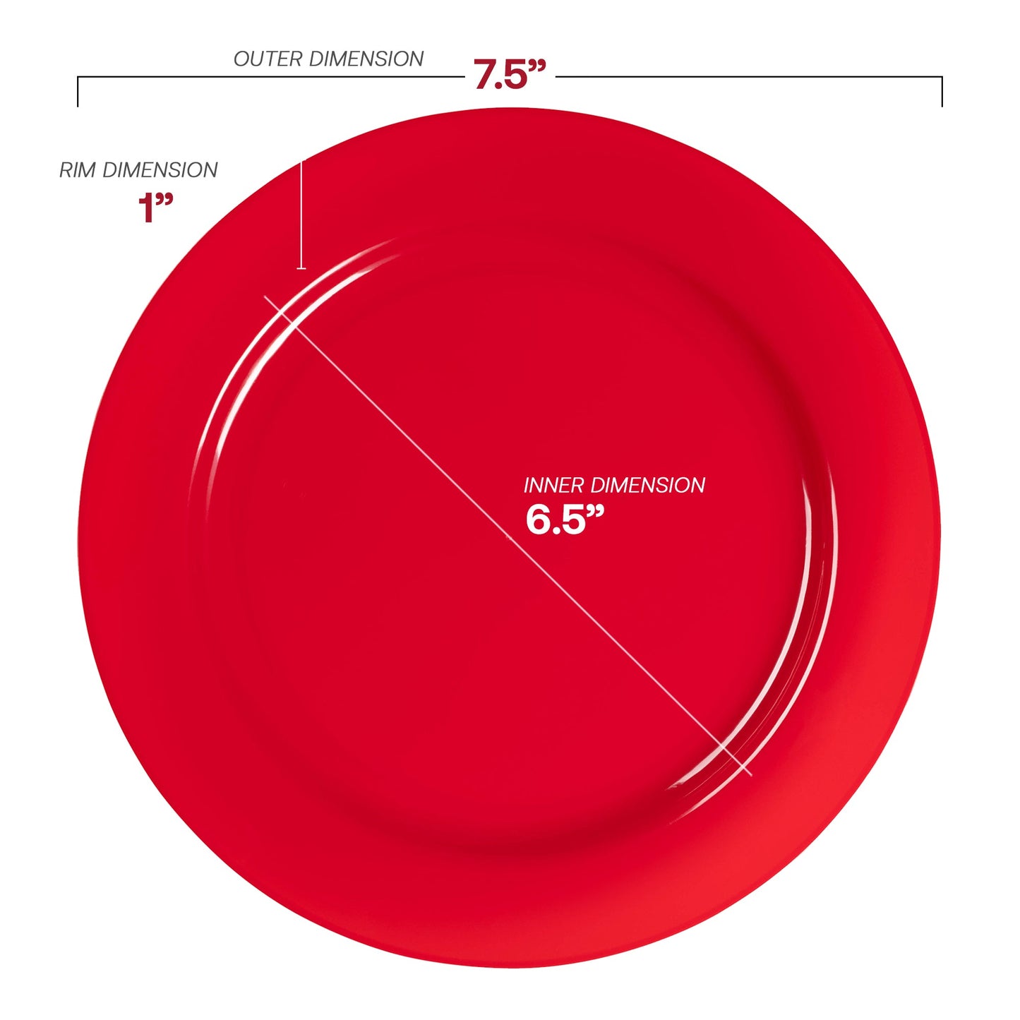 7.5-inch red plastic salad plates, round design, lightweight and disposable
