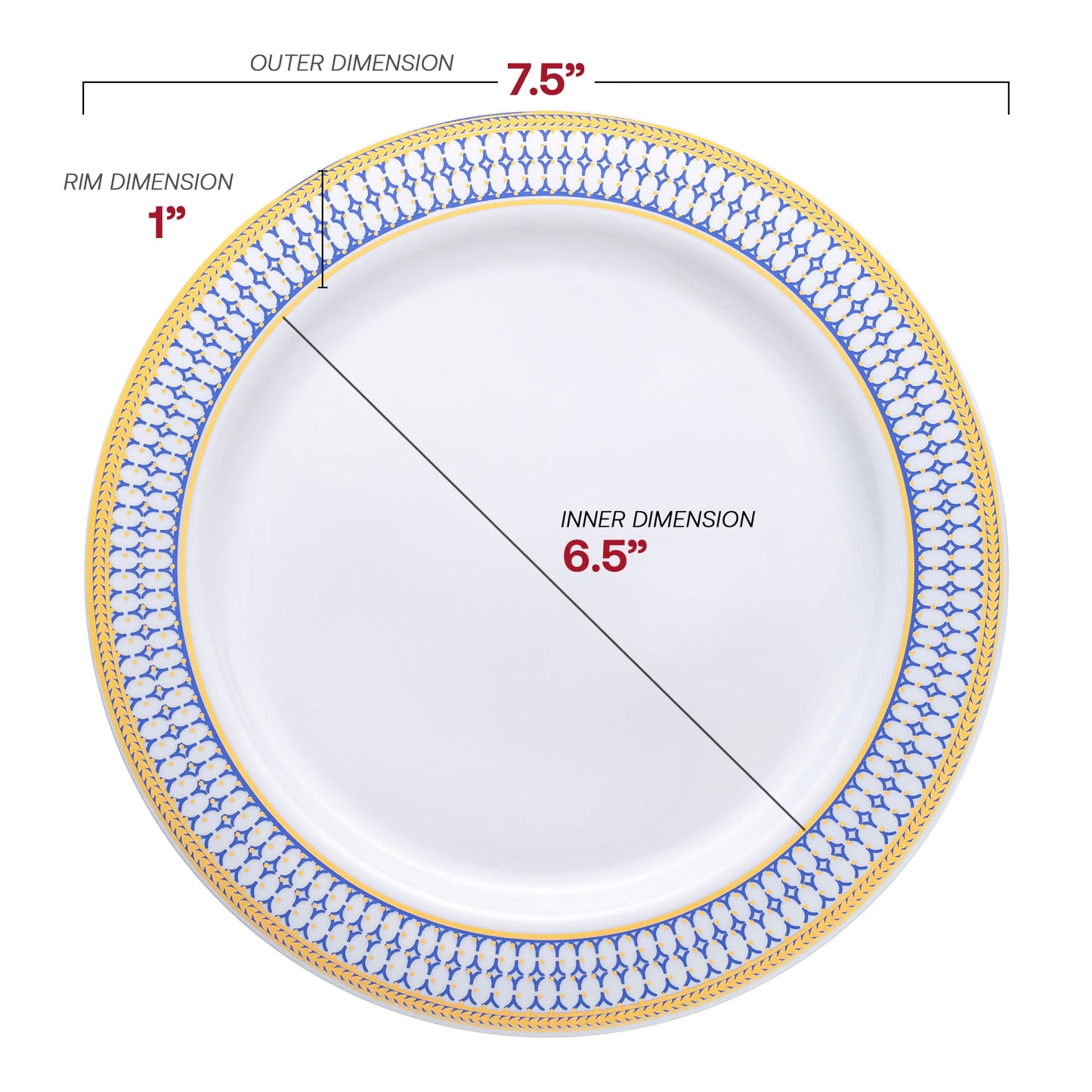 7.5-inch round disposable plastic salad plates in white with a blue and gold decorative rim